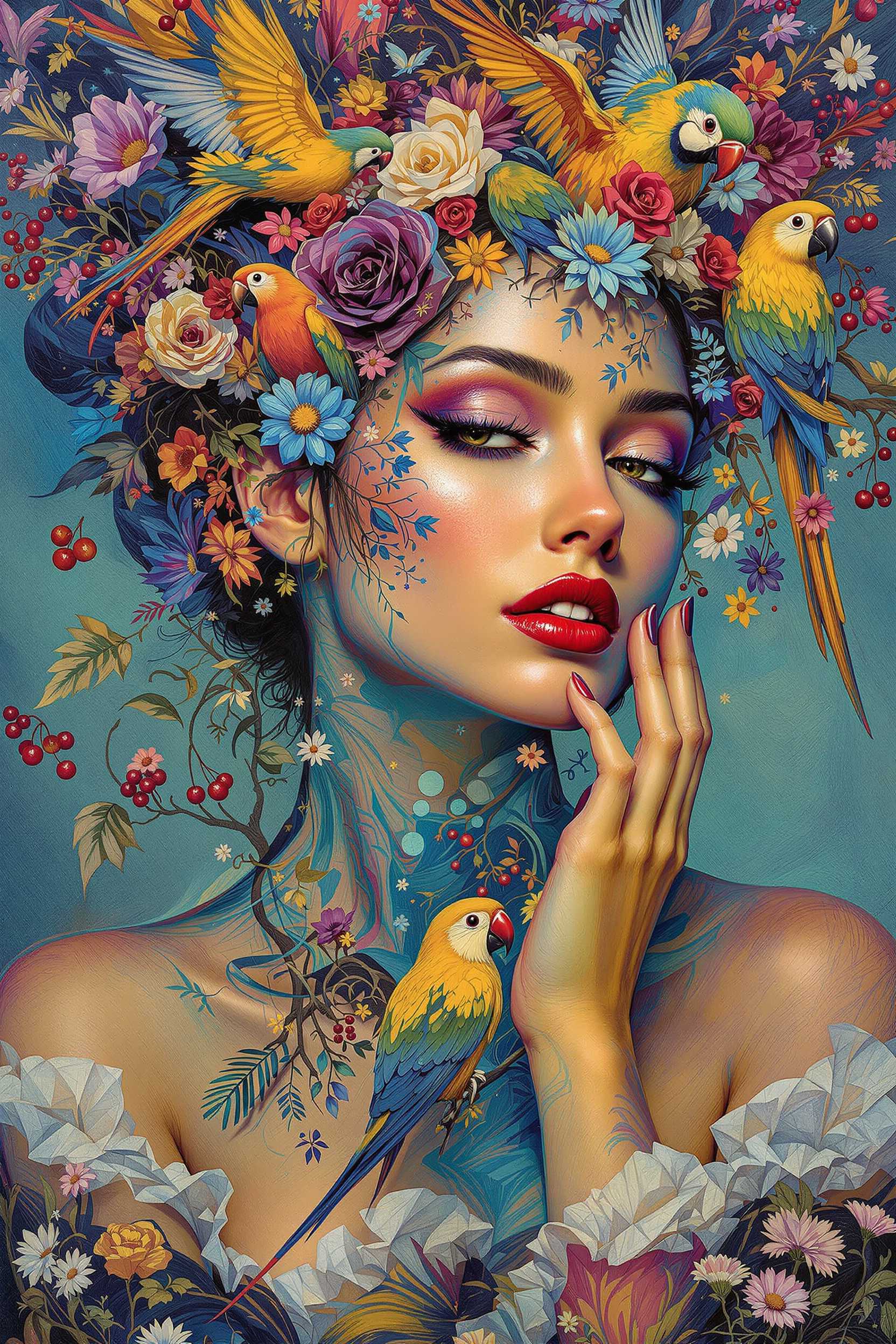 Ultra-realistic portrait multi-layered art: cherry fantasies in the style of Claude Monet, unrestrained creamy chocolate dream with streaks in the style of Auguste Renoir and a flight of fantasy on the wings of colorful parrots in the style of Vincent van Gogh, intertwined in the final mixture of colors, images and styles, as if in a mixer and came out as an explosive surreal bright image of a charming woman and manifested itself as a masterpiece unique picture. This is the best result of the ennenments of artistic sur-art and the synergy of modern art.