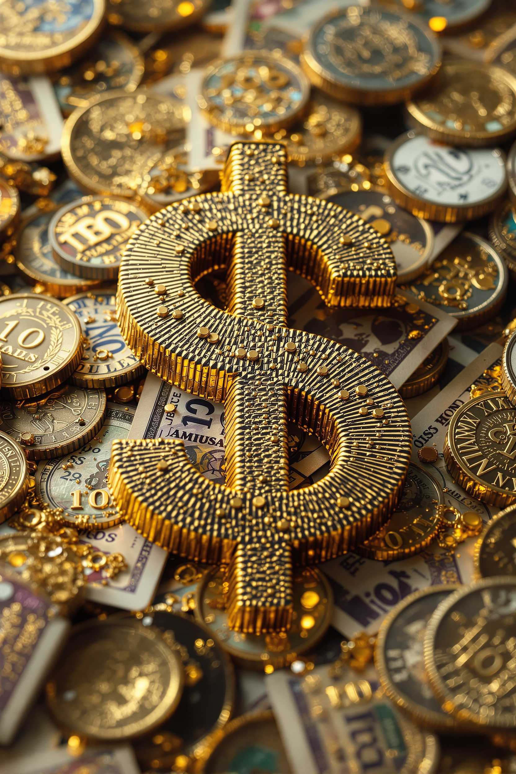 **Golden Dollar Sign Amidst Wealth**