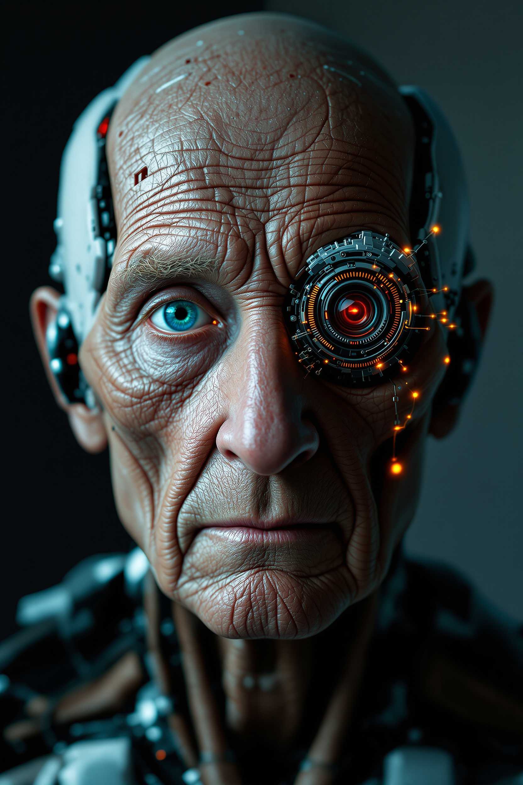 Ultra-realistic portrait image of an elderly bionic man's head in inverted color shades of unearthly origin. This is a high-tech mixture of bionic-organic and genetic morphing with elements of high-tech robotic head parts, half with built-in robotic-mechanical parts.

Perform a close-up portrait of the head of a bionic elderly man looking at the viewer, with special attention to the eyes, one of which is made of the latest bionic-technological material with a built-in video surveillance camera. Work out the smallest details and microprocessor bio-assemblies on the surface of the skin and internal parts.
The background is defocused.

The portrait image of a unique bionic man was made for an advertising magazine about the inverted nature of unearthly bionic origin and was made with maximum detail and photorealism.