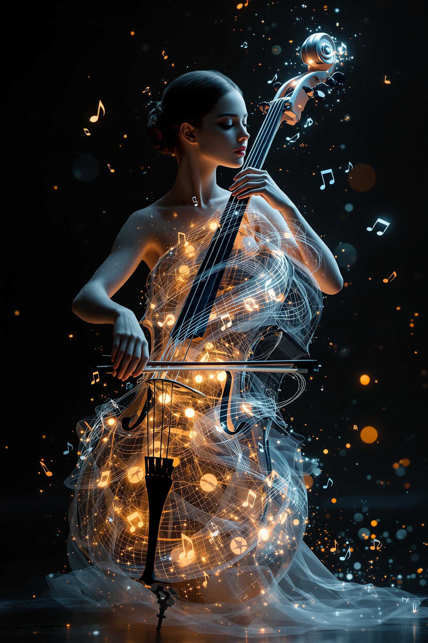 An ultra-realistic photograph of a surreal fusion of human and instrument: a female cello, photographed in 8K resolution with professional studio lighting. The female figure smoothly follows the contours and texture of the cello as accurately as possible, preserving the human beauty of the body first and foremost, while simultaneously maintaining instrumental anatomical accuracy. Her head smoothly merges into the fingerboard-neck, her hand holds the bow, her left hand lightly touches the strings on her body. The image of the woman reveals her true beauty and charm, maximally combining into a single whole with the cello. The fusion is organic and fluid, the texture of the cello wood naturally merges with human skin. Several layers of translucent musical notes and visible sound waves emanate from this graceful female cello, creating an unearthly depth. Dramatic lighting, chiaroscuro with soft edge lights emphasizes the edges of the hybrid form and the beauty of the female body. Hyperrealistic details. The background features subtle atmospheric effects suggesting musical resonance, with light particles dancing in the air. Maximum photorealism, RAW quality, high dynamic range, professional studio environment, perfect anatomical accuracy. A masterpiece.
