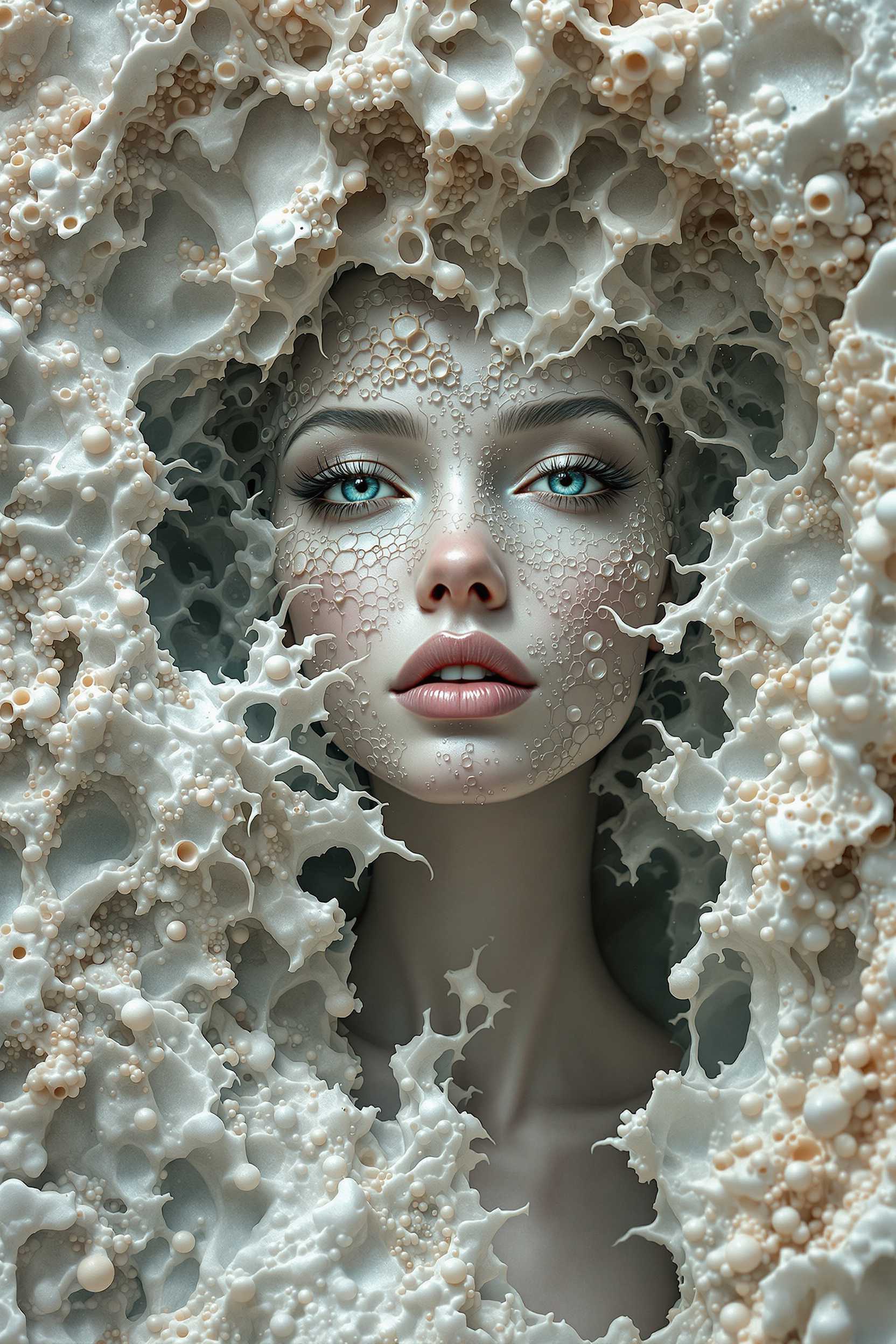 The art of creating surreal portraits filled with intertwining of various fractals of the structure of the deep sedimentary rocks of the Grand Canyon, marble Syrian structures with delicate thin shells and mollusks from a fantastic dream, intertwined with ultra-green algae from the Milky Way galaxy, and the integration of the futuristic reality of Italian-French royal aristocracy, expressed in a masterpiece of artistic expression that excites the imagination. Maximum detail and photorealism.