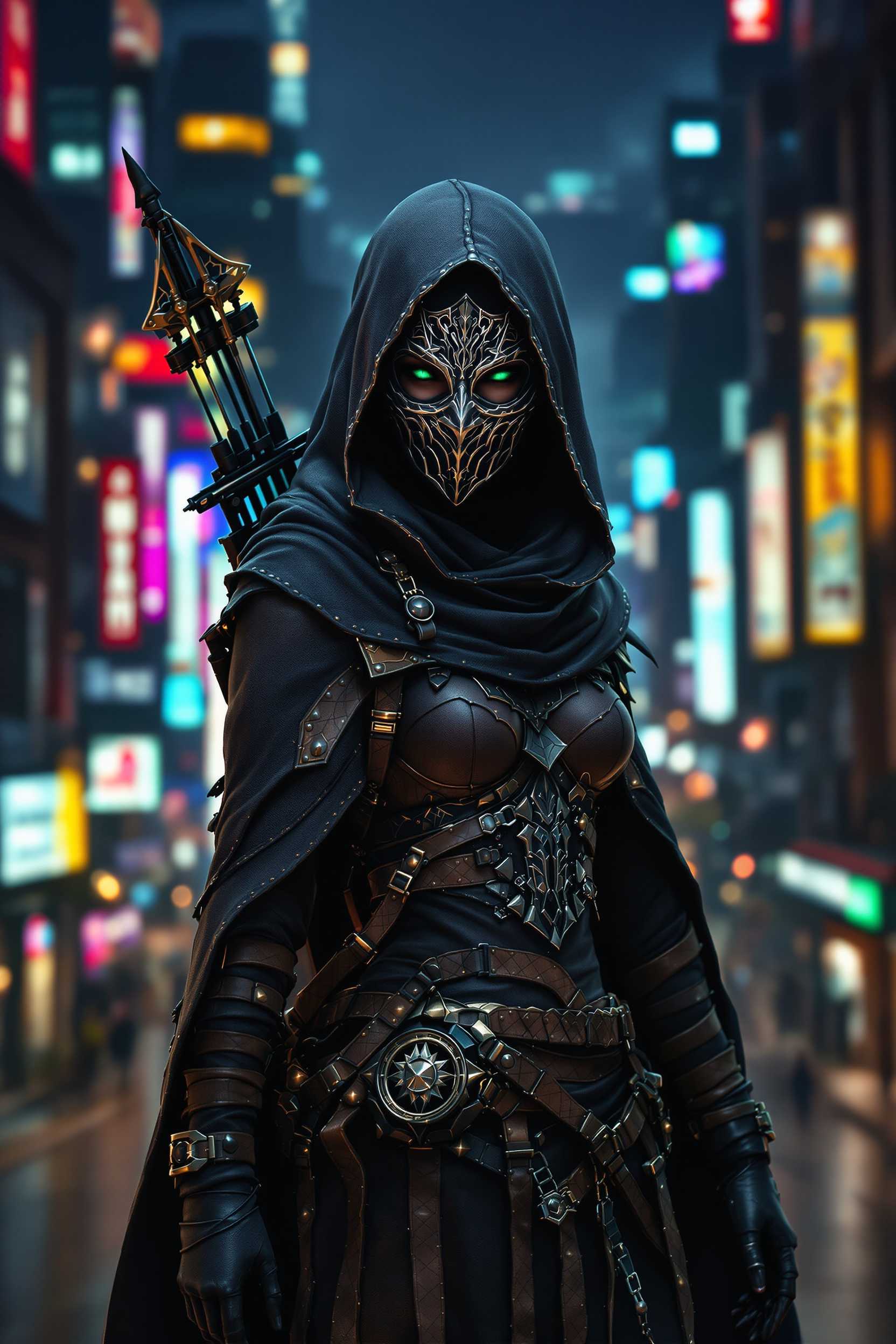 A captivating dark fantasy image of an enigmatic woman assassin. The female character is cloaked in a hooded garment, adorned with intricate leather and metallic armor in shades of brown and grey. The mask she wears is iron-colored, featuring an elaborate design that only reveals her piercing green eyes. She stands tall against the vibrant backdrop of a bustling night city, her crossbow poised at her back, ready to strike. The overall atmosphere of the image is mysterious and intriguing, with an underlying sense of danger lurking in the shadows, creating a vivid and captivating scene., vibrant, photo. 