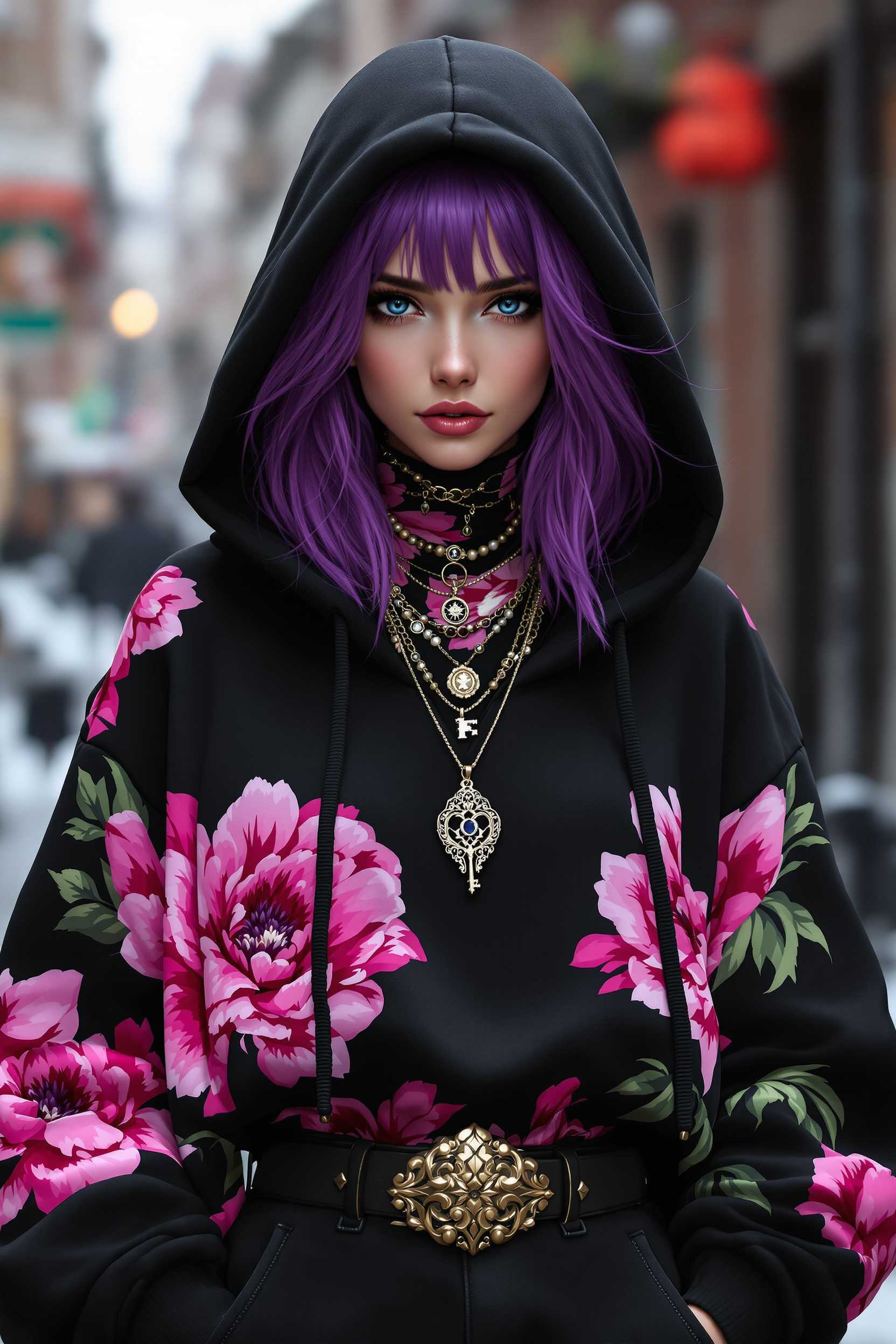 Super detailed depiction of stylish character with vibrant purple hair that complements her bold streetwear outfit. She wears an oversized black hoodie adorned with large, vivid pink floral patterns, and the hood is up, framing her face and adding a sense of mystery. Her gaze is calm yet intense, with a slight hint of melancholy, giving depth to her character. Around her neck, she has layered necklaces with intricate pendants, one featuring a vintage key design, adding a touch of elegance to her edgy look. Created by Sasan. Beneath the hoodie, she wears a matching floral turtleneck, tucked into high-waisted black pants with a stylish belt that has an ornate, golden buckle. The background reveals an urban alley with blurred buildings, enhancing the urban and wintery vibe. The soft, diffused lighting highlights her features and contrasts with the dark tones of her outfit, emphasizing her vibrant hair and floral details. 