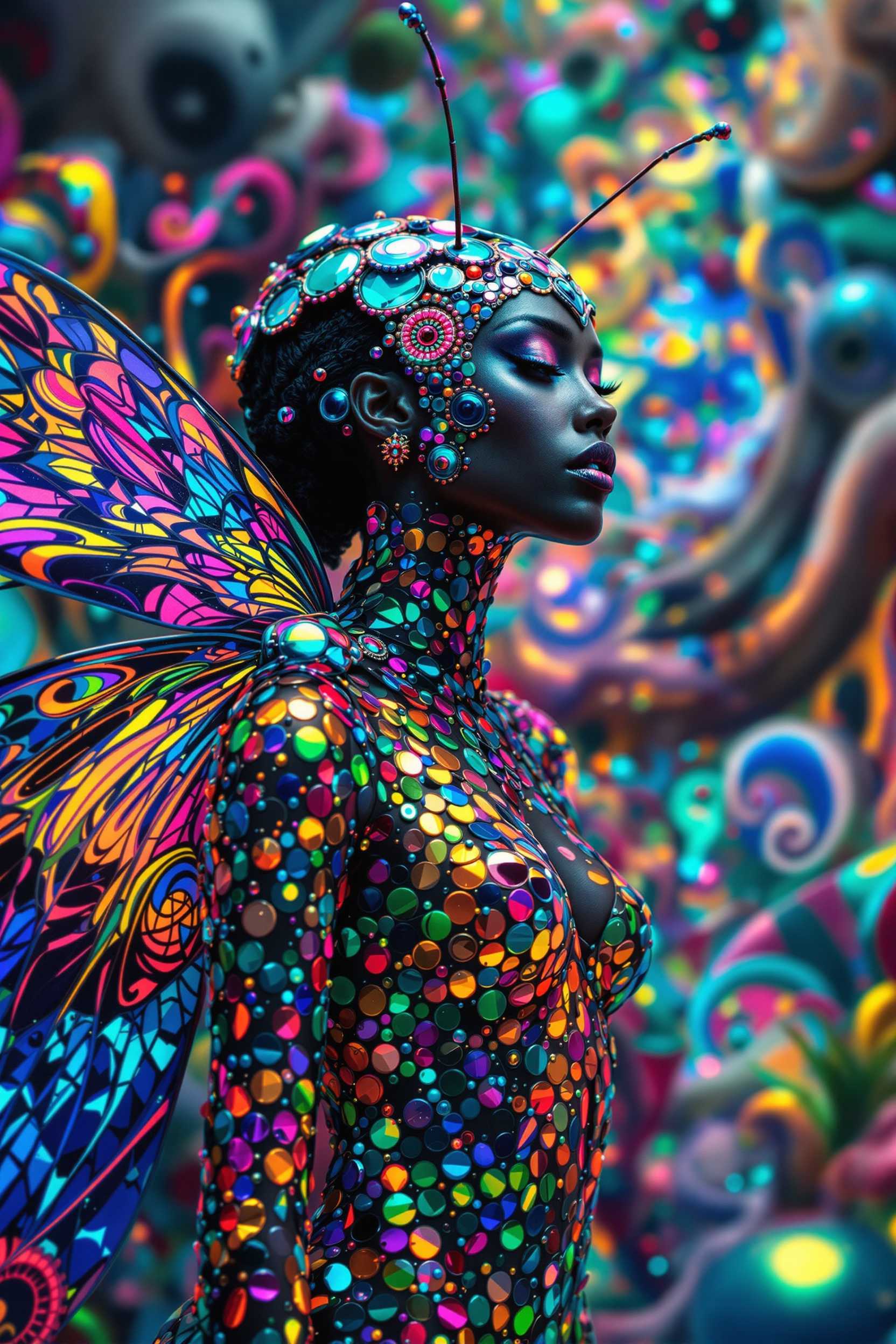 A mesmerizing hyperrealistic portrait of a woman metamorphosed into a psychedelic ladybug, with her body intricately adorned in vibrant, iridescent scales. The ladybug's exoskeleton is fashioned into a chic and elaborate costume, showcasing intricate details inspired by the insect's features. Her wings are a kaleidoscope of colors, fluttering gently in the surreal, dreamy background. The landscape is a swirl of abstract shapes and multicolored patterns, reminiscent of a kaleidoscope, blurring the lines between reality and fantasy. This captivating image is a stunning blend of cinematic fashion photography and surreal artistry. 