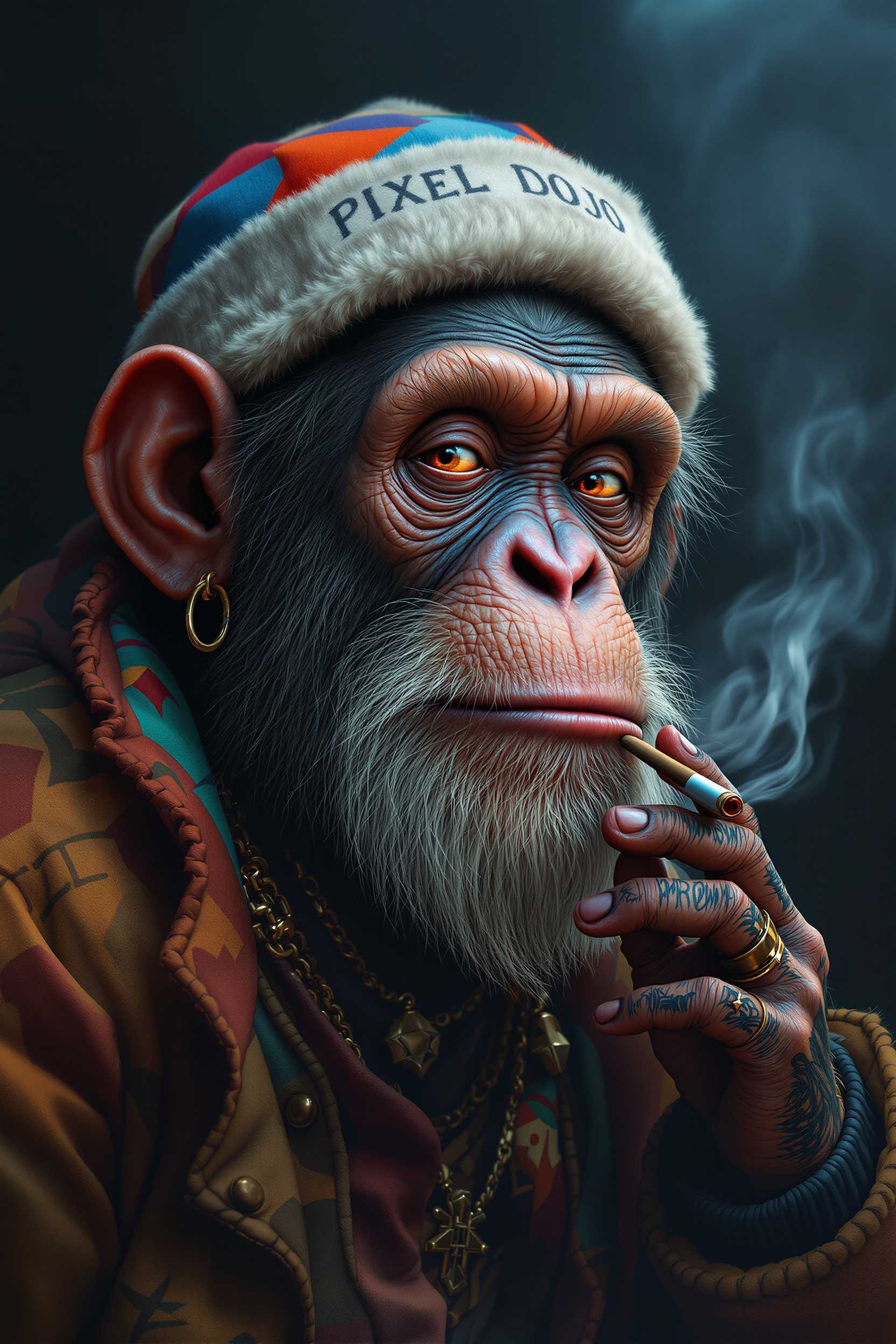 a hyper-realistic elderly chimpanzee with a long scruffy beard, intricate details on his face very accentuated in his wrinkles, earrings in his ears and necklaces on his neck, wearing colorful clothing and smoking, with a winter hat that includes the text 'PIXEL DOJO' a warm jacket, smoke emanating from the joint he holds between his tattooed fingers, against a dark smoky background and with a thick fog that complements the chimpanzee aesthetic dramatic lighting. 
