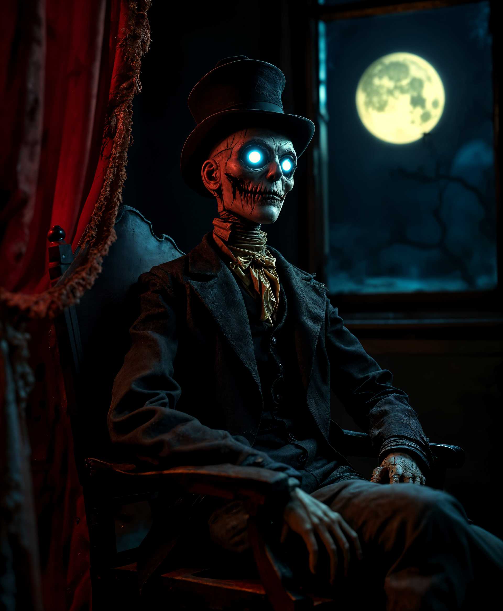 masterpiece, best quality, highres, sharp image, more detail, masterpiece, best quality, highres, sharp image, more detail, **Masterpiece Prompt for AI Image Generation:**

Craft an unsettling scene where a **ventriloquist's dummy**, with **cracked and peeling paint** revealing **wooden textures** beneath, comes to life under the eerie glow of a **moonlit window**. The dummy, **sitting on a worn, wooden chair**, has **eyes that glow with a sinister light**, casting **ominous shadows** across the room. 

**Visual Elements:**
- **Lighting:** Use **chiaroscuro lighting** to enhance the contrast between the dark shadows and the moonlit areas, creating a sense of dread.
- **Colors:** Employ a palette of **muted grays, dark blues, and hints of red** to evoke an atmosphere of decay and horror.
- **Details:** Highlight the **splintered wood** of the dummy's mouth, **stiff, jerky movements**, and **dusty, cobweb-laden surroundings**.

**Style:**
- **Artistic Style:** Inspired by **Gothic Horror**, reminiscent of the works by **Edward Hopper** with a nod to **Tim Burton's** macabre aesthetic.

**Composition:**
- **Subject Positioning:** The dummy is **center frame**, its head turned to look directly at the camera, giving an illusion of movement.
- **Camera Angle:** A **low angle** shot looking up at the dummy, emphasizing its eerie presence and making it appear more menacing.

**Mood and Atmosphere:**
- **Mood:** A **tense, suspenseful atmosphere**, as if the viewer has just stumbled upon the scene, unaware of the horror unfolding.
- **Time and Setting:** Late at night, in an **old, abandoned theater's backstage**, with **faint sounds of creaking wood** and **distant, eerie laughter**.

**Technical Aspects:**
- **Focus:** Use **selective focus** to blur the background, keeping the dummy in sharp focus to draw attention to its uncanny features.
- **Lens Flare:** A subtle **lens flare** from the moon, enhancing the surreal, dreamlike quality of the scene.

**Cohesion:**
- All elements combine to create a **believable, yet unsettling scene** of horror, where the boundary between inanimate and animate is disturbingly blurred.