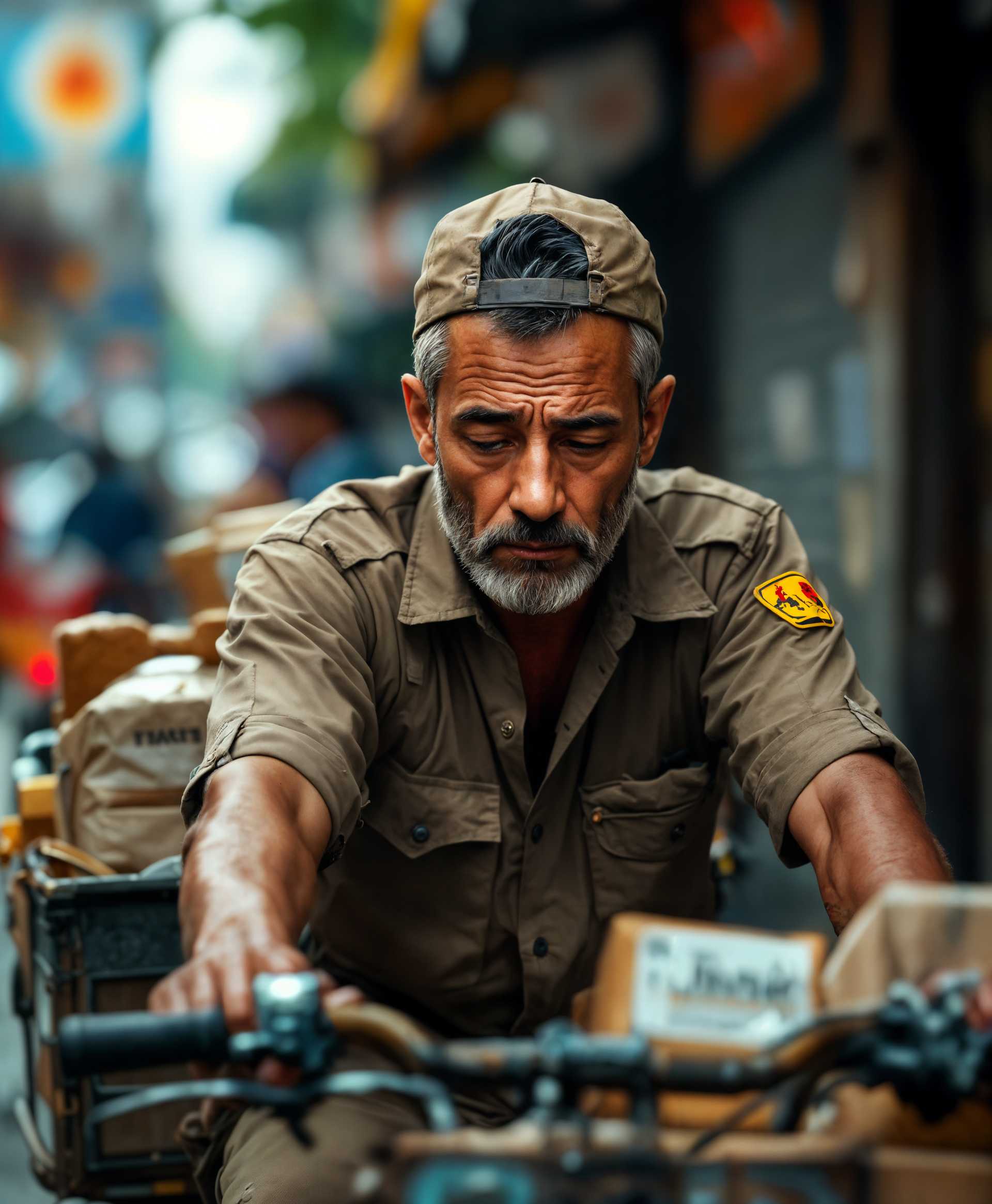 masterpiece, best quality, highres, sharp image, more detail, masterpiece, best quality, highres, sharp image, more detail, Create an image of a **delivery man on a bike**, caught in a moment of **solitude and reflection**. 

- **Visual Details:** His uniform is slightly worn, with visible creases and patches of sweat, suggesting long hours on the job. His eyes are downcast, reflecting a **deep sadness**; his expression is one of **quiet melancholy**. The bike's cargo area is cluttered with various packages, some with visible labels and logos, adding a touch of realism. The bike itself shows signs of age with rust spots and a faded paint job.

- **Style:** Capture this in the style of **cinematic realism**, with a focus on **naturalistic lighting** that highlights the contrast between the courier's somber mood and the vibrant, bustling city around him. Use a **shallow depth of field** to blur the background slightly, focusing attention on the courier.

- **Composition:** The courier should be framed in the center of the image, with the bike's handlebars in the foreground, slightly out of focus. The camera angle is low, looking up at him, to emphasize his loneliness amidst the towering cityscape. 

- **Mood and Atmosphere:** The scene takes place in the **late afternoon**, with the sun casting long shadows and bathing the environment in a golden hue, yet the mood is **solemn**. The streets are busy, but there's a sense of **isolation** around him, as if he's in his own world, disconnected from the surrounding activity.

- **Technical Aspects:** Employ **chiaroscuro** to enhance the emotional depth through light and shadow contrasts. The image should have a **grainy texture** to evoke a sense of **nostalgia** and **human imperfection**. Use a **wide-angle lens** to capture the expansive cityscape, yet keep the focus tight on the courier to convey his personal story within the larger urban context.

- **Cohesion:** All elements should work together to depict a man who has lost his loved ones, now navigating through life with a sense of duty yet haunted by personal loss, creating a poignant narrative within an everyday scene.