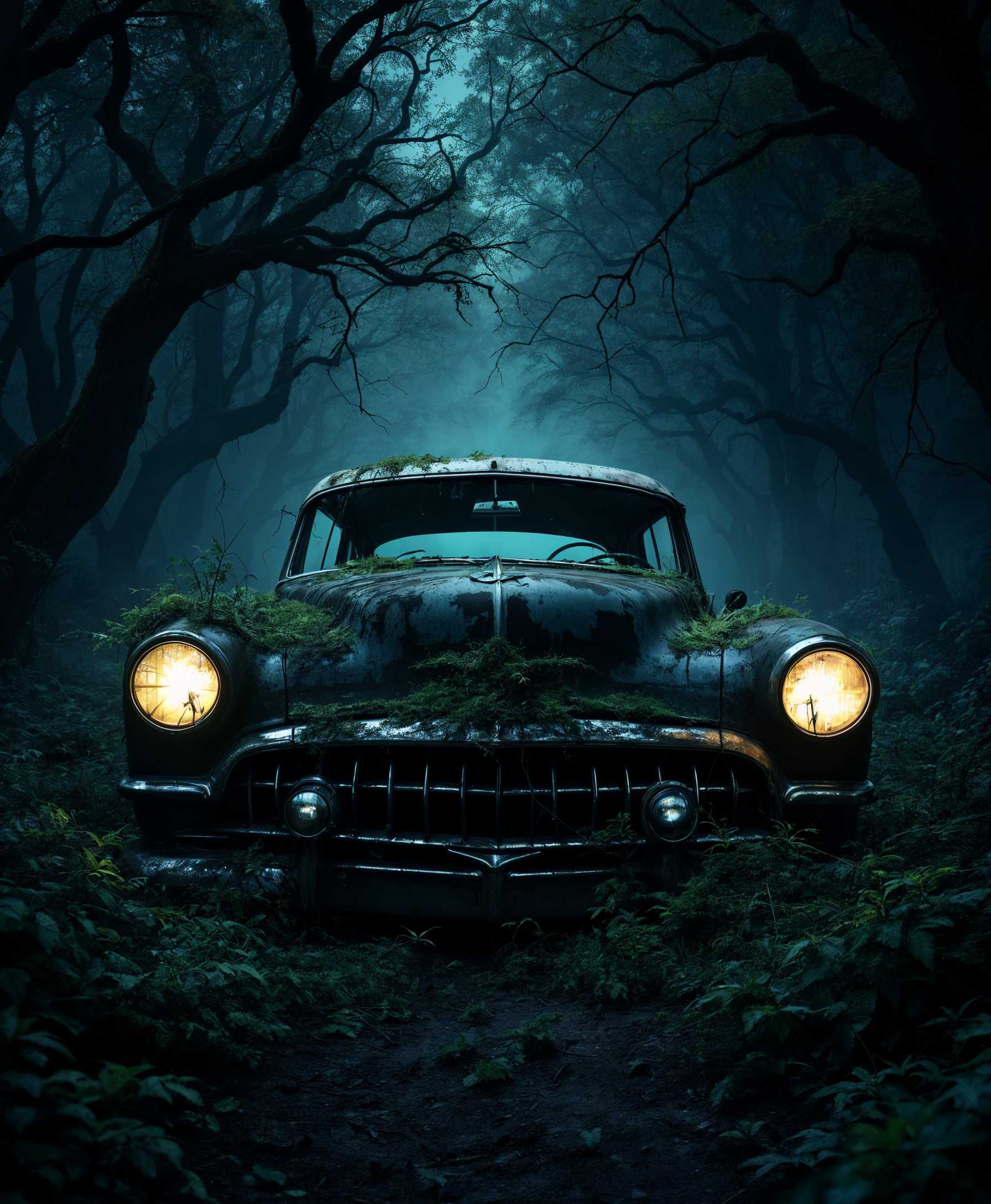 masterpiece, best quality, highres, sharp image, more detail, masterpiece, best quality, highres, sharp image, more detail, **Prompt:**

Visualize a haunting scene where an abandoned vintage car, perhaps a 1950s model, sits in the middle of an overgrown, shadowy forest at dusk. The car's once vibrant paint is now faded and rusted, with patches of moss creeping up the sides, and the windows are fogged, obscuring the interior. 

- **Visual Details:** The headlights emit an eerie, ghostly glow, casting long, distorted shadows that stretch into the surrounding underbrush. The chrome is tarnished, reflecting the last rays of the setting sun in a dull, menacing shimmer. Inside, the leather seats are cracked, with spider webs hanging like curtains. 
- **Atmospheric Conditions:** The air is thick with fog, and the forest is alive with the sounds of nocturnal creatures, their eyes glowing faintly in the darkness. The trees are twisted, their branches like skeletal fingers reaching towards the car, creating a claustrophobic environment.
- **Mood:** An atmosphere of dread and suspense pervades, with the car exuding an ominous presence. The silence is broken only by the occasional creak of the car settling or the rustle of leaves as unseen forces move through the forest.
- **Lighting:** The scene is illuminated by the twilight, with a faint blue and purple hue in the sky, casting everything in a surreal, almost dreamlike quality. The light plays with the fog, creating a spectral dance of shadows.
- **Artistic Style:** Inspired by Gothic horror, with elements reminiscent of Tim Burton's dark, whimsical aesthetic, combined with the raw, unsettling realism of 1970s horror films. 
- **Composition:** The car is centered in the frame, with the forest closing in around it, creating a sense of entrapment. The camera angle is slightly low, making the car appear more imposing. The focus is sharp on the car, while the background fades into a soft, blurred darkness, enhancing the feeling of isolation.
- **Technical Aspects:** Use a wide-angle lens to capture the claustrophobic environment around the car. Employ a shallow depth of field to keep the viewer's attention on the haunted vehicle, with elements of high contrast to emphasize the eerie lighting.

This scene should evoke a chilling narrative where the car, imbued with a malevolent spirit, waits for its next victim to enter its cursed confines, never to leave.