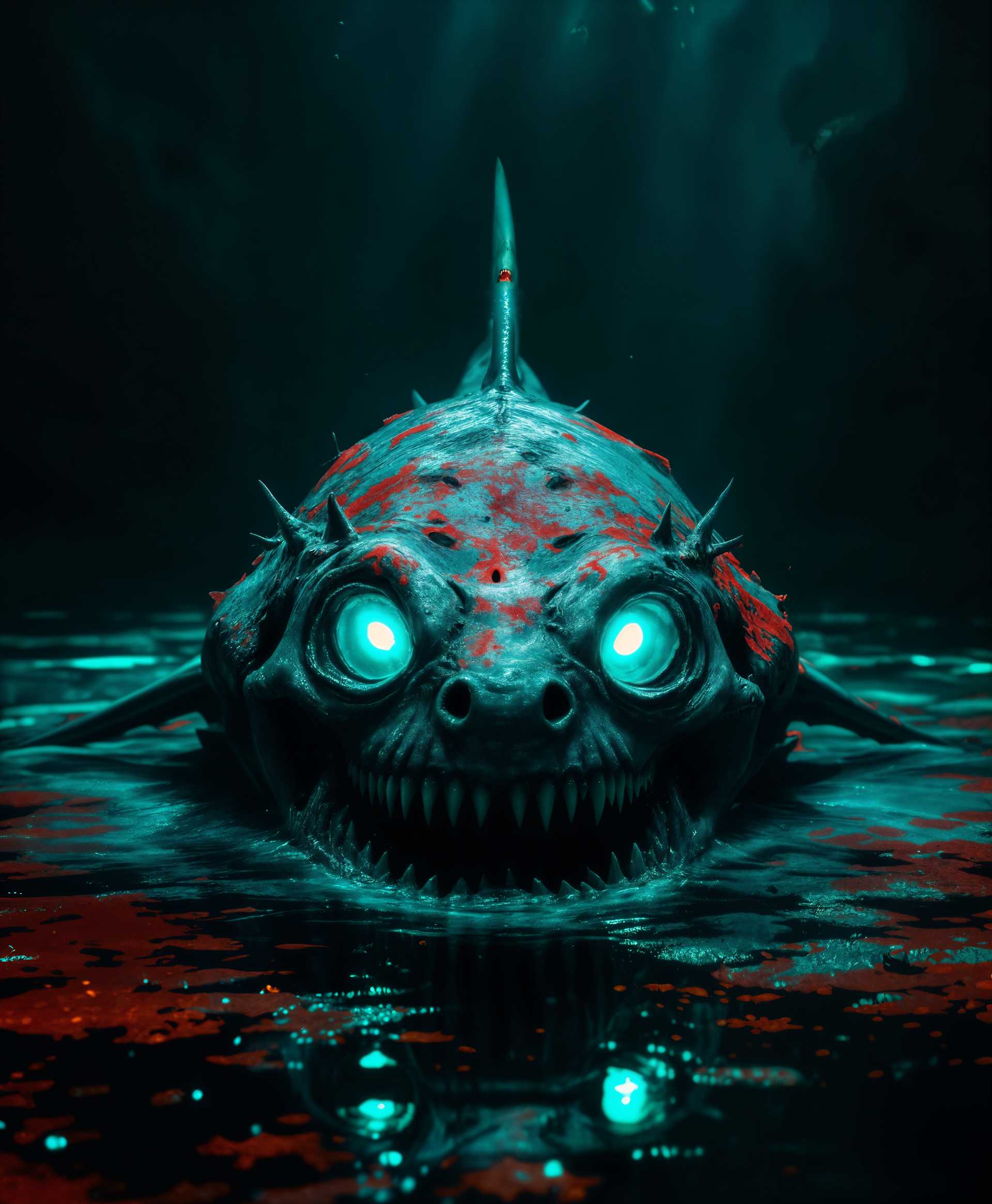 masterpiece, best quality, highres, sharp image, more detail, masterpiece, best quality, highres, sharp image, more detail, In a hauntingly dark ocean setting, visualize an undead shark, its skin mottled with decay, eyes glowing with an eerie phosphorescence. **Subject**: A menacing undead shark with tattered flesh, revealing bone beneath. **Lighting**: Dim, with a backlight creating a silhouette effect, emphasizing the shark's ghastly form. **Colors**: Predominantly shades of gray, with splashes of dark red and green for a sickly, unearthly appearance. **Style**: Gothic horror with a touch of surrealism, capturing the macabre essence of a creature that should not exist. **Composition**: The shark is the focal point, positioned centrally, its jaws open wide, with human figures in the background, either fleeing or being consumed, adding depth and scale. **Mood and Atmosphere**: An oppressive, foreboding atmosphere; the water appears thick and murky, with a faint, unnatural glow from bioluminescent algae. **Technical Aspects**: Use chiaroscuro for dramatic lighting contrast, and apply a shallow depth of field to blur the background, focusing on the horror of the shark. The image should evoke a sense of inescapable doom, with the undead shark as the apex predator in this nightmarish underwater world.