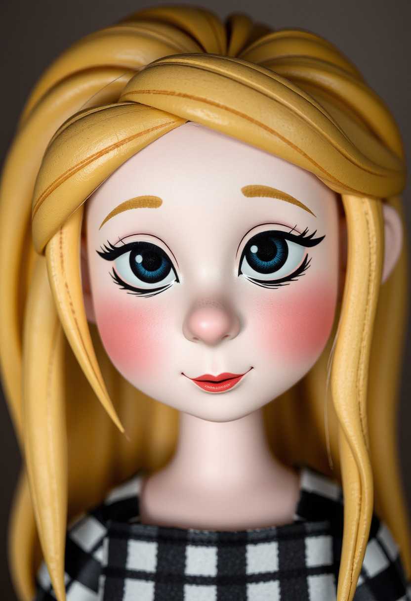 Painted glossy wood toy diorama, dramatic lighting.The colors are soft and pastel, with a predominance of light tones. The hair is a blonde color with subtle highlights and lowlights, giving it a realistic texture. The freckles on the characters face are black spots, which stand out against the fair skin tone. The clothing is a checkered pattern in black and white, which adds a classic and timeless element to the characters appearance.The overall mood of the image is whimsical and playful, emphasized by the characters large, expressive eyes and the overall exaggerated features. The characters hairstyle, with its loose, flowing locks, also contributes to the overall sense of movement and liveliness in the image.