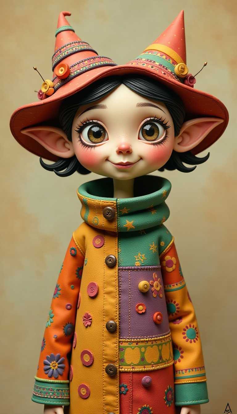 Claymation.The colors are rich and varied, with a warm, earthy palette that includes shades of brown, orange, yellow, green, and touches of red and purple. The use of color is strategic, with each hue contributing to the overall whimsical and slightly fantastical mood of the piece.The characters attire is a standout feature, with a highnecked garment that seems to be made from a variety of textiles, each with its own distinct pattern and color. The patterns range from stripes and polka dots to floral and paisley, giving the clothing a quiltlike appearance. The textures are varied, with some areas appearing smooth and others with a more pronounced, tactile quality.The characters headwear is equally elaborate, with two floppy hats that seem to be made from an assortment of fabric scraps, each with its own unique design. The hats are adorned with swirls, stars, flowers, and stripes, echoing the playful and eclectic nature of the clothing.The characters facial features are stylized and exaggerated, with large, expressive eyes that are detailed with thick, black eyelashes and rosy cheeks. The mouth is small and curved into a content smile, and the ears are elongated and curved, adding to the characters otherworldly charm.The overall composition of the image is balanced, with the character centered against a neutral, textured background that complements the warm tones of the subject. The artists signature, ASoline, is discreetly placed in the lower right corner, grounding the piece in personal attribution.In summary, this image is a vibrant and imaginative piece of art that combines elements of pop surrealism and folk art, with a focus on playful patterns, textures, and a warm, inviting color scheme. The characters exaggerated features and whimsical attire contribute to the overall joyful and fantastical atmosphere of the work.