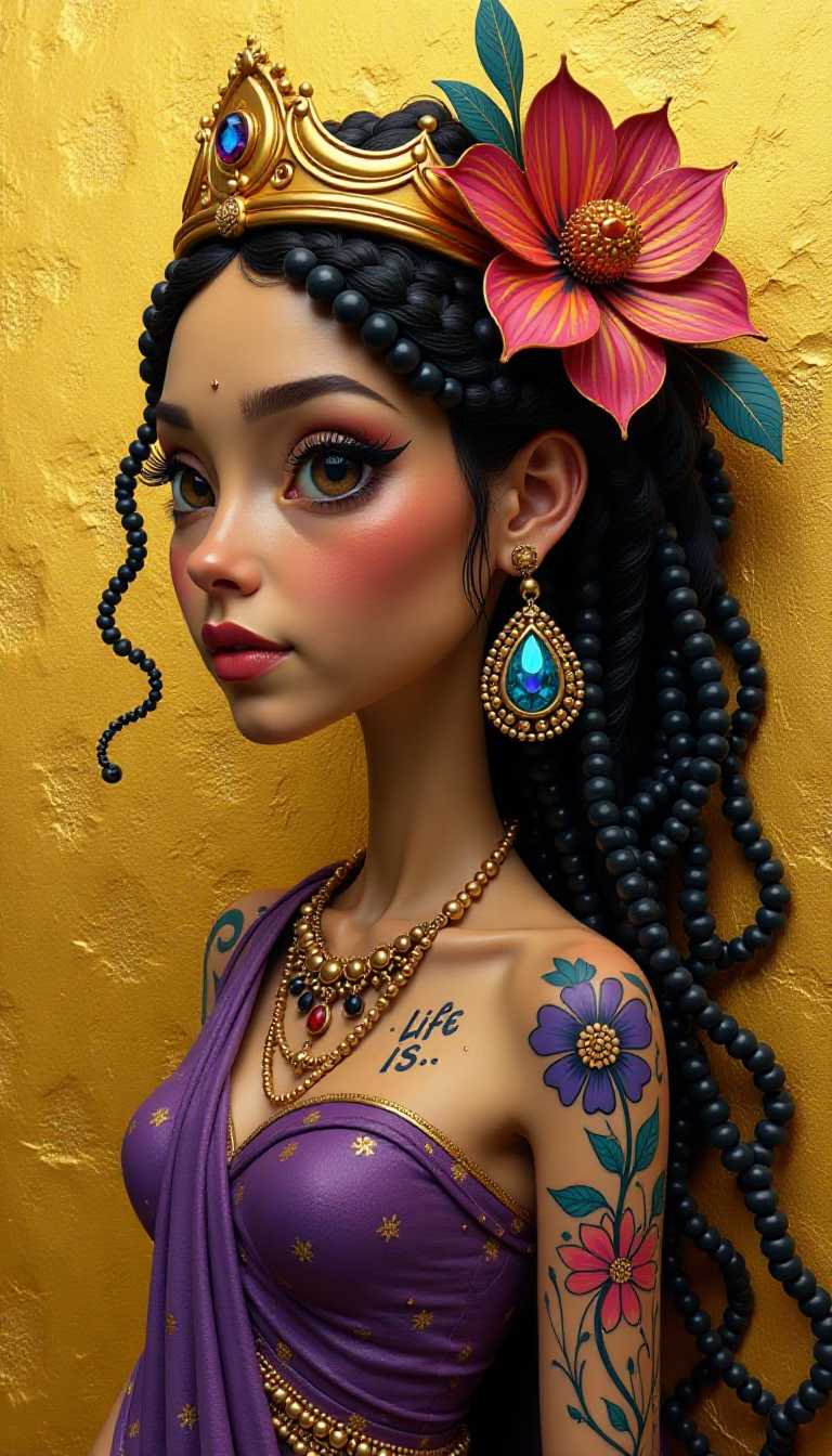 Claymation. The colors are bold and saturated, with a predominance of yellows, purples, and blacks, creating a warm and dramatic atmosphere.The subject of the artwork is a stylized female figure, crowned with a golden crown, which suggests a regal or mythical status. Her hair is a cascade of black and white beads, which gives a sense of movement and texture. The figures attire is a purple garment with a floral pattern, reminiscent of a traditional dress or shawl. The garment is adorned with a tattoolike design that reads LIFE IS, suggesting a philosophical or inspirational message.The figures accessories include a large, ornate earring with a flowerlike design, and a necklace with a prominent blue and red gemstone. The jewelry is detailed and intricate, with a touch of whimsy, as evidenced by the oversized, colorful flower.The background is a textured gold leaf, which adds a luxurious and regal feel to the piece. The gold leaf is applied in a way that creates a rough, uneven texture, which contrasts with the smoothness of the figures skin and the softness of her garment.