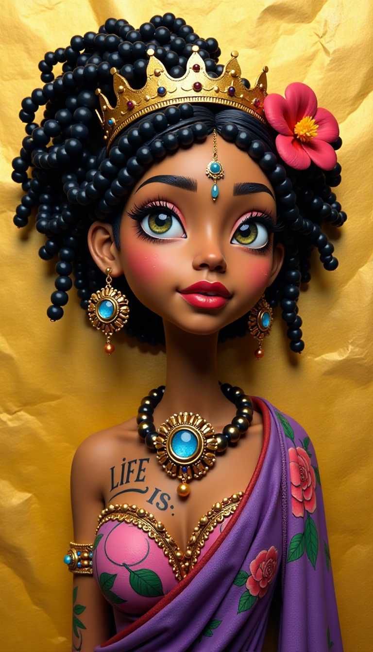 Claymation. The colors are bold and saturated, with a predominance of yellows, purples, and blacks, creating a warm and dramatic atmosphere.The subject of the artwork is a stylized female figure, crowned with a golden crown, which suggests a regal or mythical status. Her hair is a cascade of black and white beads, which gives a sense of movement and texture. The figures attire is a purple garment with a floral pattern, reminiscent of a traditional dress or shawl. The garment is adorned with a tattoolike design that reads LIFE IS, suggesting a philosophical or inspirational message.The figures accessories include a large, ornate earring with a flowerlike design, and a necklace with a prominent blue and red gemstone. The jewelry is detailed and intricate, with a touch of whimsy, as evidenced by the oversized, colorful flower.The background is a textured gold leaf, which adds a luxurious and regal feel to the piece. The gold leaf is applied in a way that creates a rough, uneven texture, which contrasts with the smoothness of the figures skin and the softness of her garment.