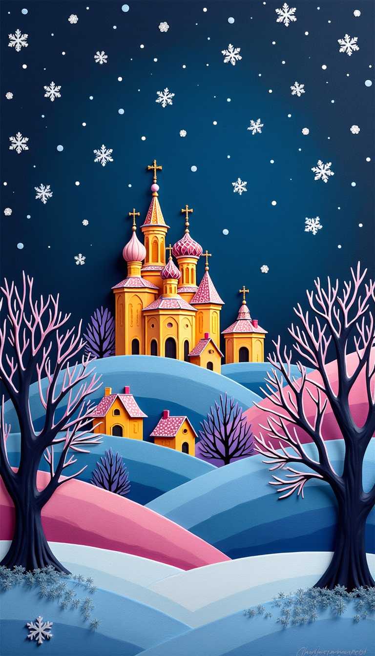Claymation. The sky is a deep, starry navy blue, sprinkled with white dots that suggest falling snowflakes. The snowflakes vary in size and transparency, with some having a soft, pastel hue and others a more defined, icy white.The foreground is dominated by a series of stylized trees with branches that are reminiscent of a trees silhouette. The trees are painted in a gradient of colors, with the trunks in a deep black and the branches transitioning through shades of purple, pink, and blue to a lighter, more ethereal hue at the tips. The leaves or snow on the branches are not visible, which gives the trees a ghostly, translucent appearance.In the middle ground, there is a charming village with houses painted in warm, inviting colors. The houses are simple in design, with gabled roofs and chimneys, and are scattered across rolling hills that are painted in a spectrum of blues, purples, pinks, and yellows. The hills are textured to give the impression of snowcovered terrain.At the center of the image, rising above the village, is a magnificent church or castle with onionshaped domes and crosses. The structure is adorned with intricate patterns and details, and is painted in a palette of yellows, oranges, and pinks with touches of gold. The church or castle is the focal point of the image and stands out against the night sky