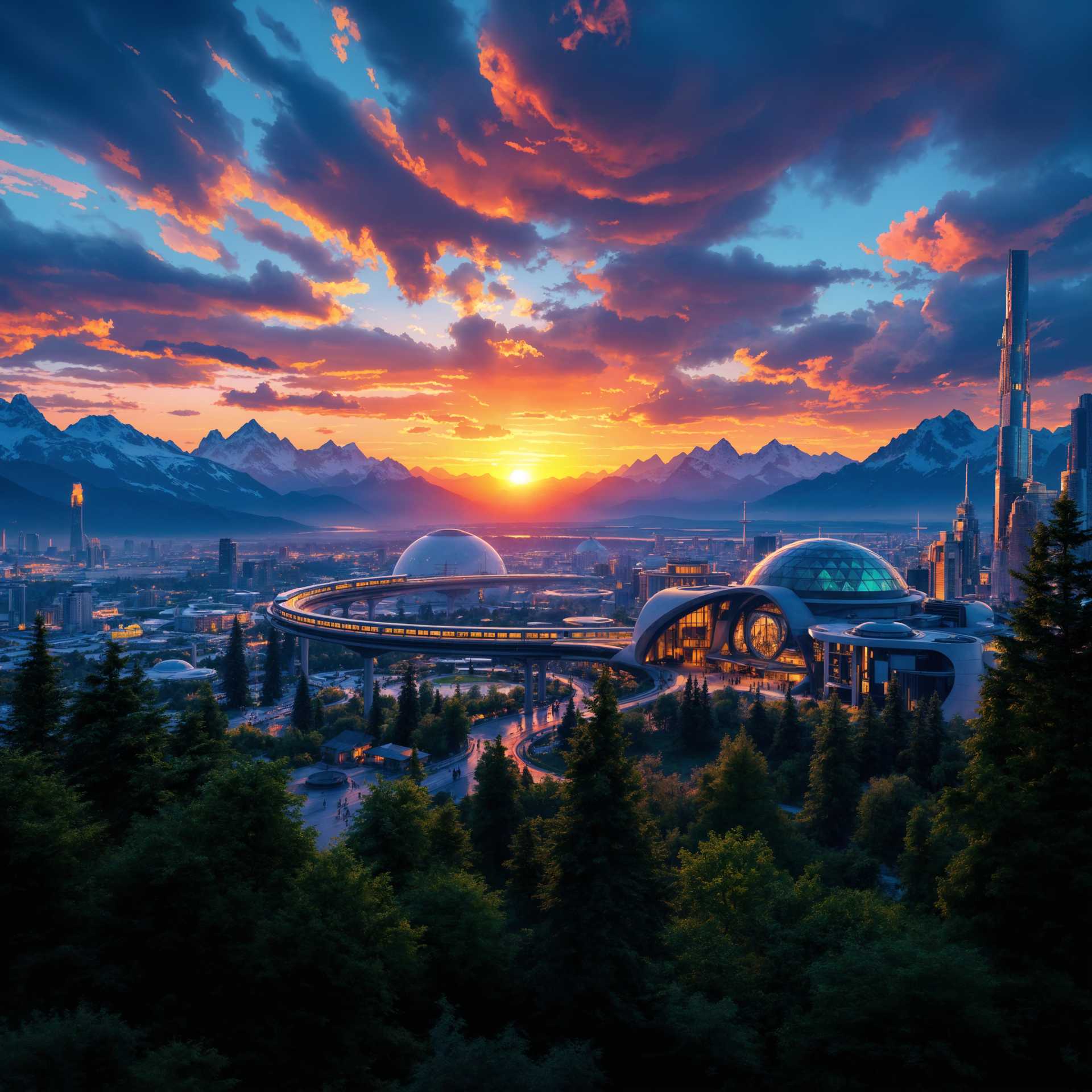 AI-generated image: masterpiece, best quality, highres, sharp image, more detail, expand the city the mountains the sky