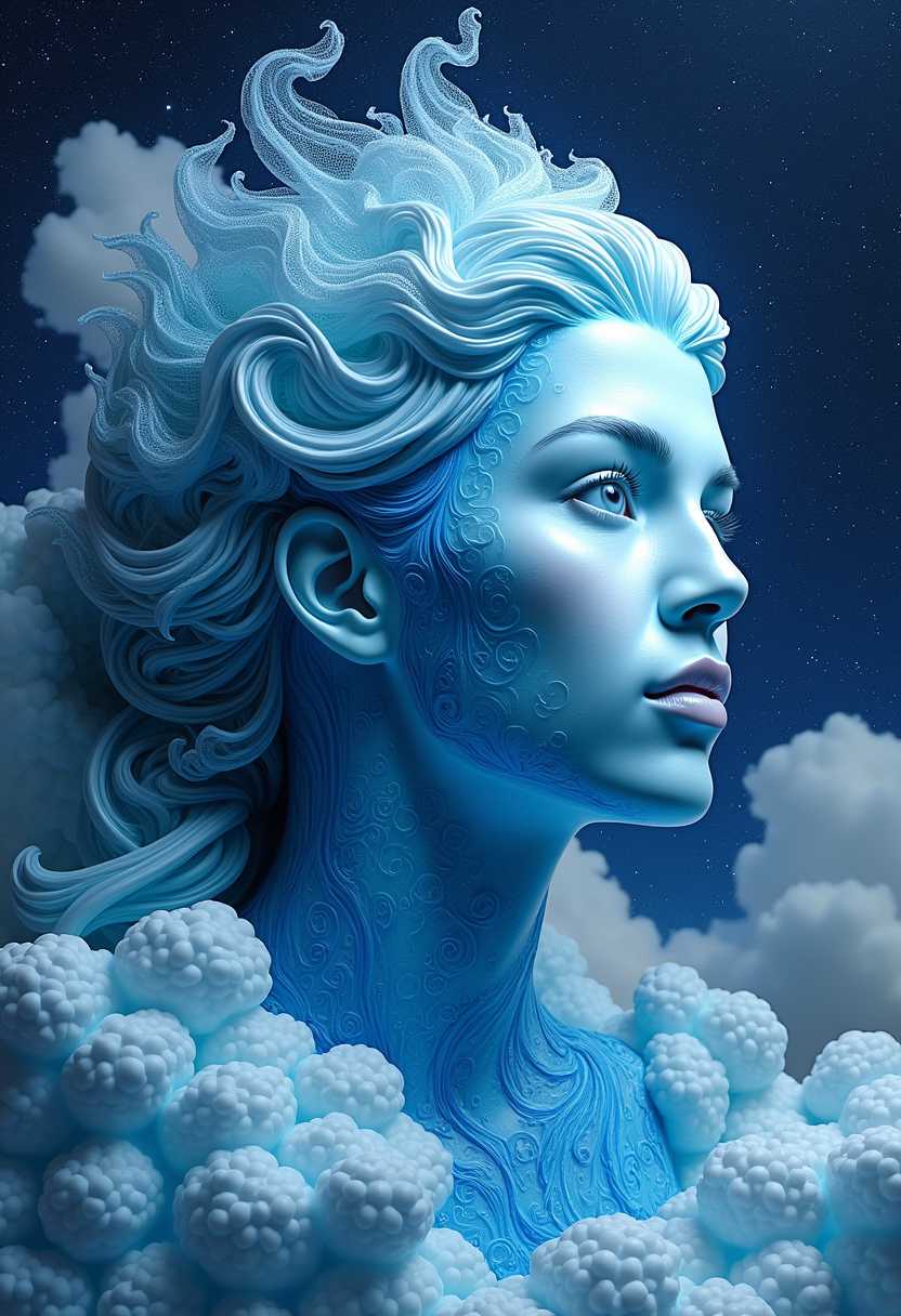 a photo of ClareFlux, photo illustration from a world in the clouds, in the style of tanya shatseva, the stars art group (xing xing), meghan howland, dark indigo and light cyan, mind-bending sculptures, realistic hyper-detail, fluid simplicity
