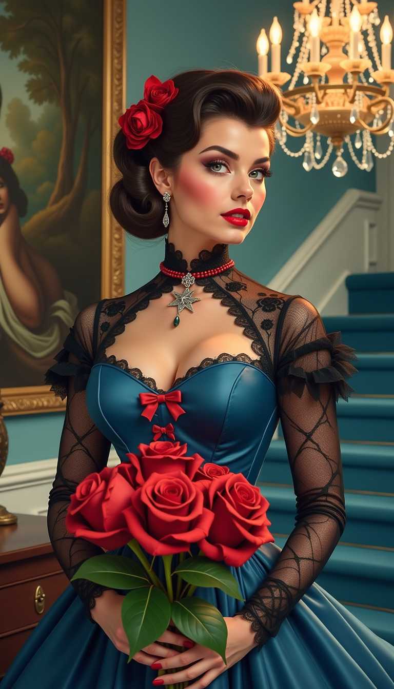 Create a 1950s pinup art illustration featuring a person dressed in a Victorian-inspired blue corset with a black lace overlay and sheer sleeves. The corset should boast a high neckline adorned with a star-shaped pendant and red bows at the front. Their hair is meticulously styled in an updo with a side parting, accentuated by a single red flower behind the ear. Their makeup is dramatic with bold red lipstick, winged eyeliner, and sharply defined eyebrows. They are holding a bouquet of vibrant red roses with lush green leaves, their nails painted red with black tips.

The composition should place the person slightly off-center, giving them room to interact with the bouquet, which they hold in front of them at waist level, allowing for a playful and engaging pose. The camera angle should be slightly low to enhance the grandeur of the figure and the setting.

The background should depict a luxurious interior with:
- A grand chandelier casting soft, warm light, creating intricate shadows and highlights on the subject.
- A large, ornate painting on the wall, its colors complementing the blue tones of the staircase and corset.
- A glimpse of a blue-toned staircase, adding depth and leading the eye into the scene.

**Artistic Style**: Emulate the exaggerated, playful, and sensual essence of 1950s pinup art, with an emphasis on smooth lines, vibrant colors, and a touch of whimsy.

**Mood and Atmosphere**: The scene should exude elegance, allure, and a hint of nostalgia, set in the soft glow of a late afternoon, with a subtle hint of mystery in the shadows.

**Technical Aspects**: 
- Use soft focus techniques to blur the background slightly, ensuring the subject remains the focal point.
- Employ chiaroscuro lighting to enhance the three-dimensional quality of the corset and the person's features.
- Capture the textures of lace, velvet, and silk, making them appear tactile and luxurious.

**Cohesion**: All elements should harmoniously blend to create a scene that feels both timeless and rooted in the 1950s pinup aesthetic, with every detail from the corset's embellishments to the background decor contributing to an overall sense of opulence and charm.