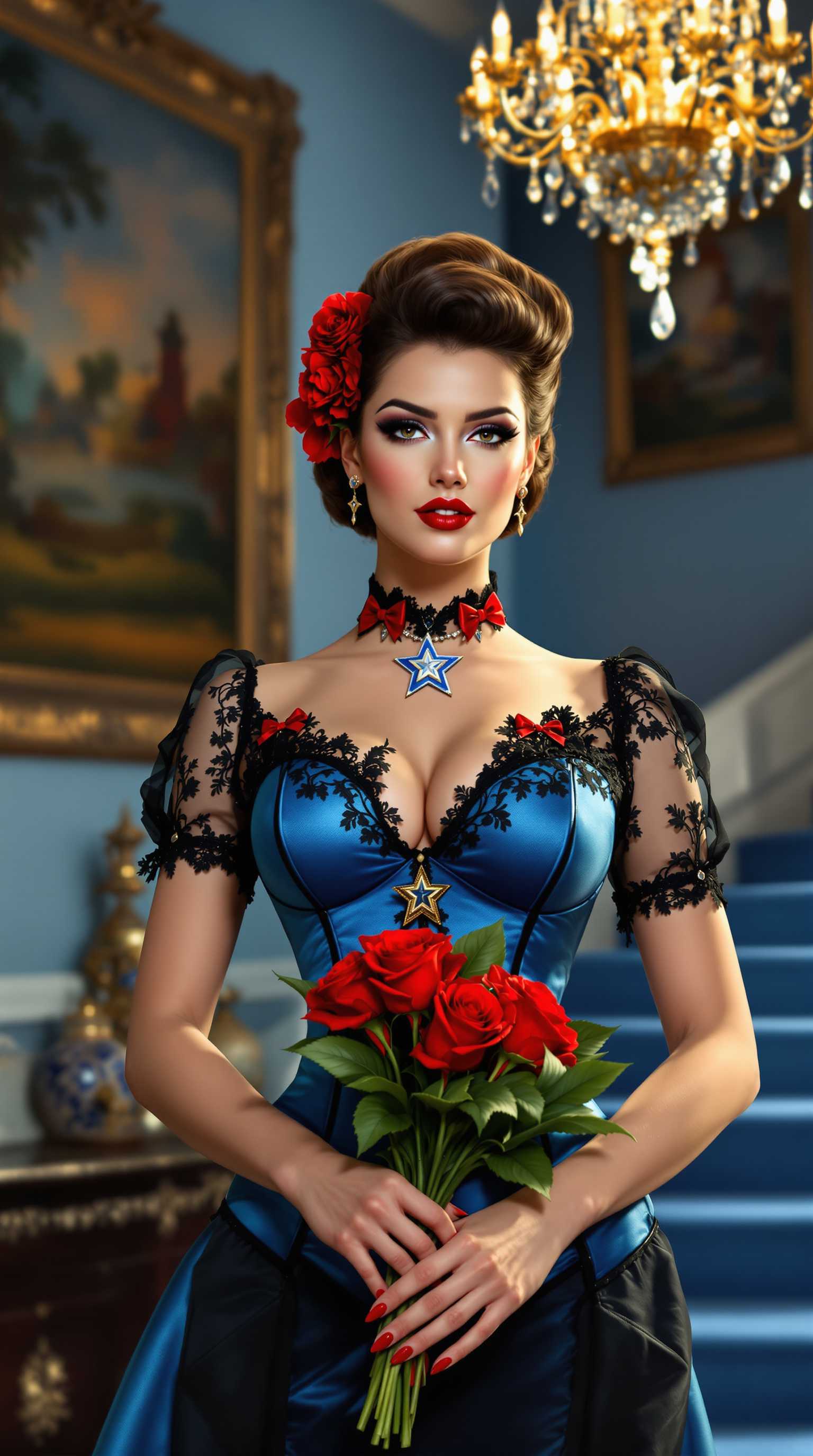 Create a 1950s pinup art illustration featuring a person dressed in a Victorian-inspired blue corset with a black lace overlay and sheer sleeves. The corset should boast a high neckline adorned with a star-shaped pendant and red bows at the front. Their hair is meticulously styled in an updo with a side parting, accentuated by a single red flower behind the ear. Their makeup is dramatic with bold red lipstick, winged eyeliner, and sharply defined eyebrows. They are holding a bouquet of vibrant red roses with lush green leaves, their nails painted red with black tips.

The composition should place the person slightly off-center, giving them room to interact with the bouquet, which they hold in front of them at waist level, allowing for a playful and engaging pose. The camera angle should be slightly low to enhance the grandeur of the figure and the setting.

The background should depict a luxurious interior with:
- A grand chandelier casting soft, warm light, creating intricate shadows and highlights on the subject.
- A large, ornate painting on the wall, its colors complementing the blue tones of the staircase and corset.
- A glimpse of a blue-toned staircase, adding depth and leading the eye into the scene.

**Artistic Style**: Emulate the exaggerated, playful, and sensual essence of 1950s pinup art, with an emphasis on smooth lines, vibrant colors, and a touch of whimsy.

**Mood and Atmosphere**: The scene should exude elegance, allure, and a hint of nostalgia, set in the soft glow of a late afternoon, with a subtle hint of mystery in the shadows.

**Technical Aspects**: 
- Use soft focus techniques to blur the background slightly, ensuring the subject remains the focal point.
- Employ chiaroscuro lighting to enhance the three-dimensional quality of the corset and the person's features.
- Capture the textures of lace, velvet, and silk, making them appear tactile and luxurious.

**Cohesion**: All elements should harmoniously blend to create a scene that feels both timeless and rooted in the 1950s pinup aesthetic, with every detail from the corset's embellishments to the background decor contributing to an overall sense of opulence and charm.