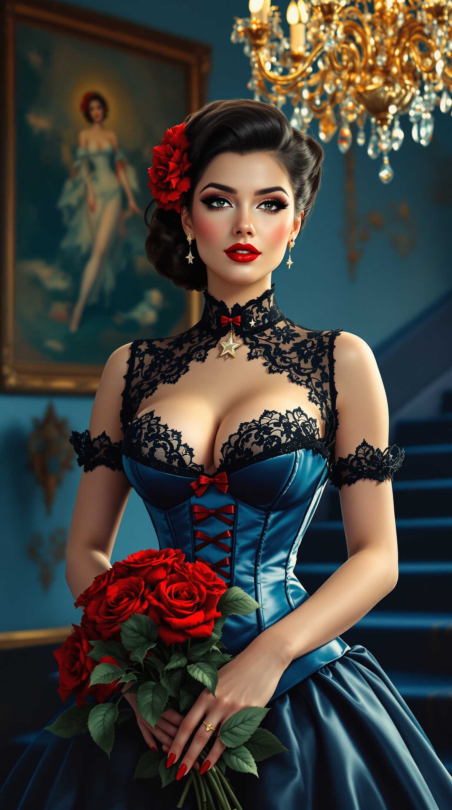 Create a 1950s pinup art illustration featuring a person dressed in a Victorian-inspired blue corset with a black lace overlay and sheer sleeves. The corset should boast a high neckline adorned with a star-shaped pendant and red bows at the front. Their hair is meticulously styled in an updo with a side parting, accentuated by a single red flower behind the ear. Their makeup is dramatic with bold red lipstick, winged eyeliner, and sharply defined eyebrows. They are holding a bouquet of vibrant red roses with lush green leaves, their nails painted red with black tips.

The composition should place the person slightly off-center, giving them room to interact with the bouquet, which they hold in front of them at waist level, allowing for a playful and engaging pose. The camera angle should be slightly low to enhance the grandeur of the figure and the setting.

The background should depict a luxurious interior with:
- A grand chandelier casting soft, warm light, creating intricate shadows and highlights on the subject.
- A large, ornate painting on the wall, its colors complementing the blue tones of the staircase and corset.
- A glimpse of a blue-toned staircase, adding depth and leading the eye into the scene.

**Artistic Style**: Emulate the exaggerated, playful, and sensual essence of 1950s pinup art, with an emphasis on smooth lines, vibrant colors, and a touch of whimsy.

**Mood and Atmosphere**: The scene should exude elegance, allure, and a hint of nostalgia, set in the soft glow of a late afternoon, with a subtle hint of mystery in the shadows.

**Technical Aspects**: 
- Use soft focus techniques to blur the background slightly, ensuring the subject remains the focal point.
- Employ chiaroscuro lighting to enhance the three-dimensional quality of the corset and the person's features.
- Capture the textures of lace, velvet, and silk, making them appear tactile and luxurious.

**Cohesion**: All elements should harmoniously blend to create a scene that feels both timeless and rooted in the 1950s pinup aesthetic, with every detail from the corset's embellishments to the background decor contributing to an overall sense of opulence and charm.
