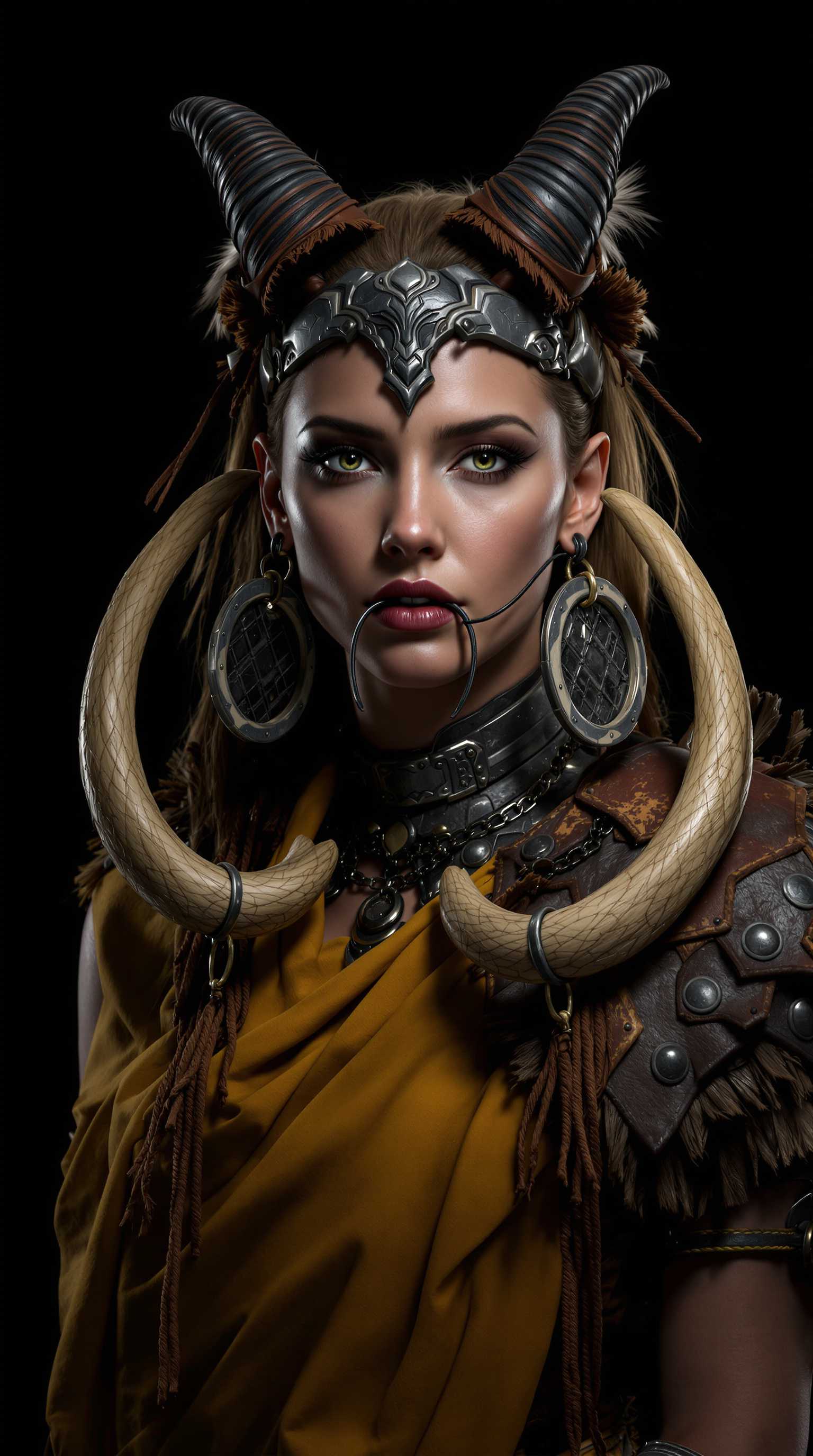 This image features a closeup of a female with a detailed and elaborate costume and accessories, which are rich in visual elements1. Headpiece The character is wearing a headpiece that appears to be made of metal and leather, with intricate designs and adornments. It has a prominent, curved piece that seems to be a horn or a stylized animal tooth, and is embellished with what looks like feathers or leather strips.2. Earrings The character has large, circular earrings that are attached to the headpiece. They are made of a dark material, possibly wood or metal, and have a carved or etched design.3. Nose Ring A long, thin nose ring is visible, with a chain that leads down to the chin.4. Choker Around the neck, there is a choker that seems to be made of leather or a similar material, with metal rings and possibly bone or horn pieces.5. Shoulder Armor The character is wearing a shoulder piece that looks like armor, with a mix of leather and metal. It has a rugged texture and appears to be designed for protection.6. Clothing The character is wearing a garment that drapes over the shoulders and chest, with a rich, mustard yellow color. The fabric has a soft, flowing appearance, and there are fringed details at the edges.7. Arm Accessories On the arms, there are bracelets or arm guards that match the shoulder armor, with a similar mix of leather and metal.8. Tusk Accessories The character is wearing two large, curved tusks or horns as accessories. They are attached to the shoulder armor and have a carved or etched design, with what appears to be a chain or cord wrapped around them.9. Background The background is a solid, dark color, which serves to highlight the character and their costume.10. Lighting The lighting in the image is dramatic, with a strong contrast between the dark background and the illuminated areas of the costume, which gives the image a threedimensional effect.11. Texture and Material The costume and accessories have a variety of textures, from the roughness of leather to the smoothness of metal, and the detailed carvings and patterns add to the visual interest.12. Color Palette The color palette is warm and earthy, with mustard yellow, browns, and metallics, which gives the image a sense of depth and richness.Overall, the image is rich in visual elements, with a focus on the detailed costume and accessories that give the female a distinctive and powerful presence.
