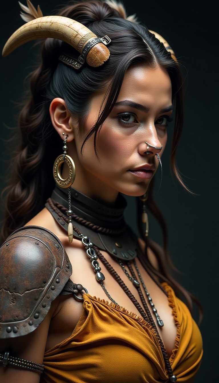 This image features a closeup of a female with a detailed and elaborate costume and accessories, which are rich in visual elements1. Headpiece The character is wearing a headpiece that appears to be made of metal and leather, with intricate designs and adornments. It has a prominent, curved piece that seems to be a horn or a stylized animal tooth, and is embellished with what looks like feathers or leather strips.2. Earrings The character has large, circular earrings that are attached to the headpiece. They are made of a dark material, possibly wood or metal, and have a carved or etched design.3. Nose Ring A long, thin nose ring is visible, with a chain that leads down to the chin.4. Choker Around the neck, there is a choker that seems to be made of leather or a similar material, with metal rings and possibly bone or horn pieces.5. Shoulder Armor The character is wearing a shoulder piece that looks like armor, with a mix of leather and metal. It has a rugged texture and appears to be designed for protection.6. Clothing The character is wearing a garment that drapes over the shoulders and chest, with a rich, mustard yellow color. The fabric has a soft, flowing appearance, and there are fringed details at the edges.7. Arm Accessories On the arms, there are bracelets or arm guards that match the shoulder armor, with a similar mix of leather and metal.8. Tusk Accessories The character is wearing two large, curved tusks or horns as accessories. They are attached to the shoulder armor and have a carved or etched design, with what appears to be a chain or cord wrapped around them.9. Background The background is a solid, dark color, which serves to highlight the character and their costume.10. Lighting The lighting in the image is dramatic, with a strong contrast between the dark background and the illuminated areas of the costume, which gives the image a threedimensional effect.11. Texture and Material The costume and accessories have a variety of textures, from the roughness of leather to the smoothness of metal, and the detailed carvings and patterns add to the visual interest.12. Color Palette The color palette is warm and earthy, with mustard yellow, browns, and metallics, which gives the image a sense of depth and richness.Overall, the image is rich in visual elements, with a focus on the detailed costume and accessories that give the female a distinctive and powerful presence.