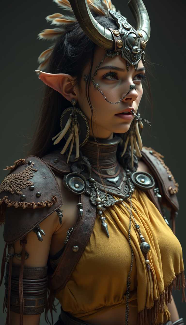 This image features a closeup of a female with a detailed and elaborate costume and accessories, which are rich in visual elements1. Headpiece The character is wearing a headpiece that appears to be made of metal and leather, with intricate designs and adornments. It has a prominent, curved piece that seems to be a horn or a stylized animal tooth, and is embellished with what looks like feathers or leather strips.2. Earrings The character has large, circular earrings that are attached to the headpiece. They are made of a dark material, possibly wood or metal, and have a carved or etched design.3. Nose Ring A long, thin nose ring is visible, with a chain that leads down to the chin.4. Choker Around the neck, there is a choker that seems to be made of leather or a similar material, with metal rings and possibly bone or horn pieces.5. Shoulder Armor The character is wearing a shoulder piece that looks like armor, with a mix of leather and metal. It has a rugged texture and appears to be designed for protection.6. Clothing The character is wearing a garment that drapes over the shoulders and chest, with a rich, mustard yellow color. The fabric has a soft, flowing appearance, and there are fringed details at the edges.7. Arm Accessories On the arms, there are bracelets or arm guards that match the shoulder armor, with a similar mix of leather and metal.8. Tusk Accessories The character is wearing two large, curved tusks or horns as accessories. They are attached to the shoulder armor and have a carved or etched design, with what appears to be a chain or cord wrapped around them.9. Background The background is a solid, dark color, which serves to highlight the character and their costume.10. Lighting The lighting in the image is dramatic, with a strong contrast between the dark background and the illuminated areas of the costume, which gives the image a threedimensional effect.11. Texture and Material The costume and accessories have a variety of textures, from the roughness of leather to the smoothness of metal, and the detailed carvings and patterns add to the visual interest.12. Color Palette The color palette is warm and earthy, with mustard yellow, browns, and metallics, which gives the image a sense of depth and richness.Overall, the image is rich in visual elements, with a focus on the detailed costume and accessories that give the female a distinctive and powerful presence.