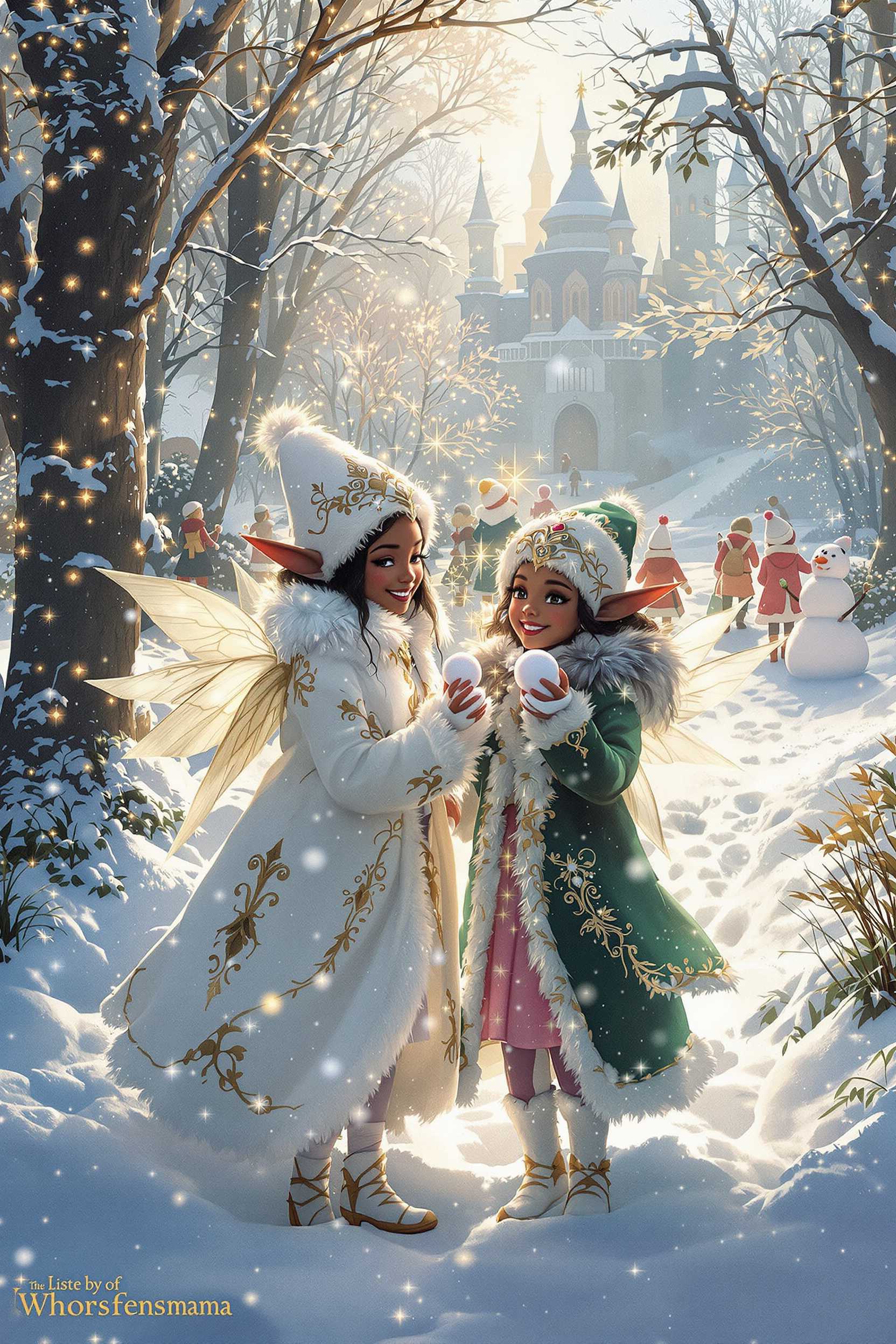This image is a digital painting that captures a magical winter scene. The art style is fantastical and whimsical, with a high level of detail and realism of the elf girls.The medium appears to be a digital painting software, given the smooth blending and gradients of colors.The colors in the image are predominantly cool tones, with whites, blues, and grays dominating the palette. The snowflakes and the elf childrens clothing are highlighted with touches of warm colors like red, pink, and gold, which add depth and contrast to the scene. The use of light and shadow is masterful, with the sunlight filtering through the trees and casting a warm glow on the elf childrens faces, creating a cozy and enchanting atmosphere.The objects in the image are numerous and contribute to the magical winter wonderland. In the foreground, there are two children dressed in elaborate winter costumes that resemble angels or fairies. The child on the left is wearing a white coat with golden embroidery and a matching hat, while the child on the right is wearing a green coat with a similar hat. Both elf children with dark skin have wings and are holding snowballs, with expressions of pure joy on their faces.In the background, there are more children playing in the snow, with one child building a snowman. The snow covered ground is dotted with footprints and small animal tracks, adding to the wintry feel of the scene. The trees are adorned with twinkling lights, and there is a faint outline of a castle or grand building in the distance, suggesting a nearby village or town.Overall, the image exudes a sense of wonder, joy, and enchantment, inviting the viewer into a magical winter world filled with playful elf children and ethereal creatures.