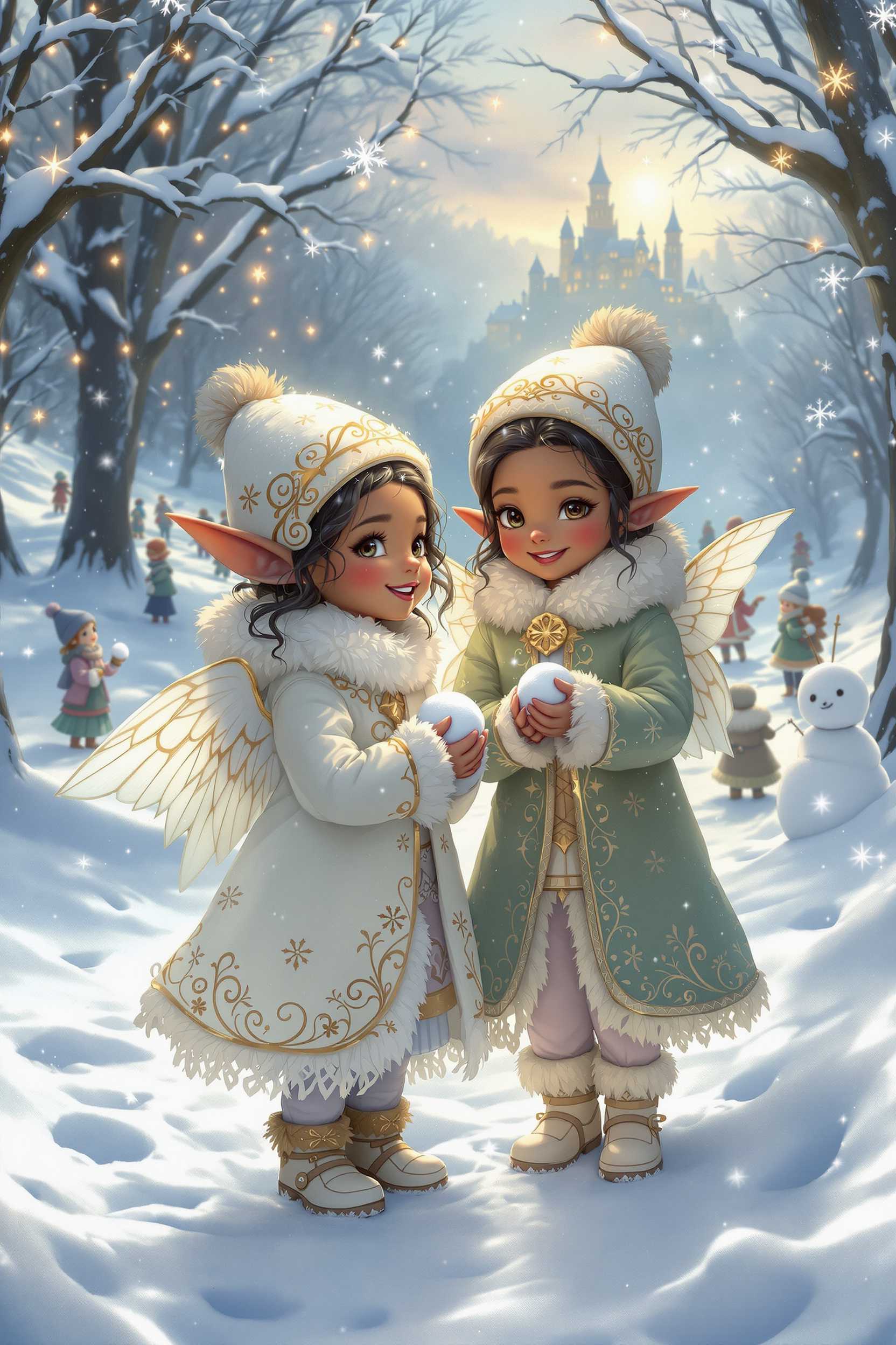 This image is a digital painting that captures a magical winter scene. The art style is fantastical and whimsical, with a high level of detail and realism of the elf girls.The medium appears to be a digital painting software, given the smooth blending and gradients of colors.The colors in the image are predominantly cool tones, with whites, blues, and grays dominating the palette. The snowflakes and the elf childrens clothing are highlighted with touches of warm colors like red, pink, and gold, which add depth and contrast to the scene. The use of light and shadow is masterful, with the sunlight filtering through the trees and casting a warm glow on the elf childrens faces, creating a cozy and enchanting atmosphere.The objects in the image are numerous and contribute to the magical winter wonderland. In the foreground, there are two children dressed in elaborate winter costumes that resemble angels or fairies. The child on the left is wearing a white coat with golden embroidery and a matching hat, while the child on the right is wearing a green coat with a similar hat. Both elf children with dark skin have wings and are holding snowballs, with expressions of pure joy on their faces.In the background, there are more children playing in the snow, with one child building a snowman. The snow covered ground is dotted with footprints and small animal tracks, adding to the wintry feel of the scene. The trees are adorned with twinkling lights, and there is a faint outline of a castle or grand building in the distance, suggesting a nearby village or town.Overall, the image exudes a sense of wonder, joy, and enchantment, inviting the viewer into a magical winter world filled with playful elf children and ethereal creatures.