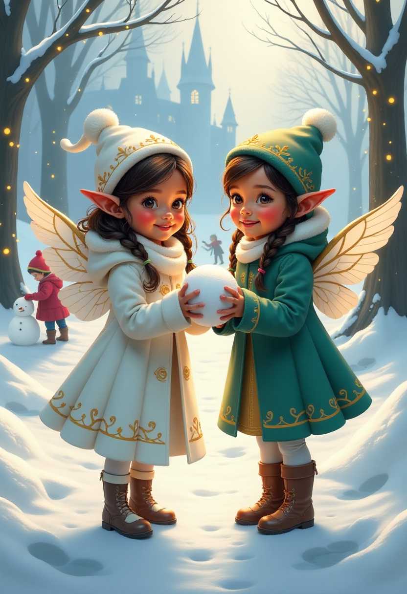 This image is a digital painting that captures a magical winter scene. The art style is fantastical and whimsical, with a high level of detail and realism of the elf girls.The medium appears to be a digital painting software, given the smooth blending and gradients of colors.The colors in the image are predominantly cool tones, with whites, blues, and grays dominating the palette. The snowflakes and the elf childrens clothing are highlighted with touches of warm colors like red, pink, and gold, which add depth and contrast to the scene. The use of light and shadow is masterful, with the sunlight filtering through the trees and casting a warm glow on the elf childrens faces, creating a cozy and enchanting atmosphere.The objects in the image are numerous and contribute to the magical winter wonderland. In the foreground, there are two children dressed in elaborate winter costumes that resemble angels or fairies. The child on the left is wearing a white coat with golden embroidery and a matching hat, while the child on the right is wearing a green coat with a similar hat. Both elf children with dark skin have wings and are holding snowballs, with expressions of pure joy on their faces.In the background, there are more children playing in the snow, with one child building a snowman. The snow covered ground is dotted with footprints and small animal tracks, adding to the wintry feel of the scene. The trees are adorned with twinkling lights, and there is a faint outline of a castle or grand building in the distance, suggesting a nearby village or town.Overall, the image exudes a sense of wonder, joy, and enchantment, inviting the viewer into a magical winter world filled with playful elf children and ethereal creatures.