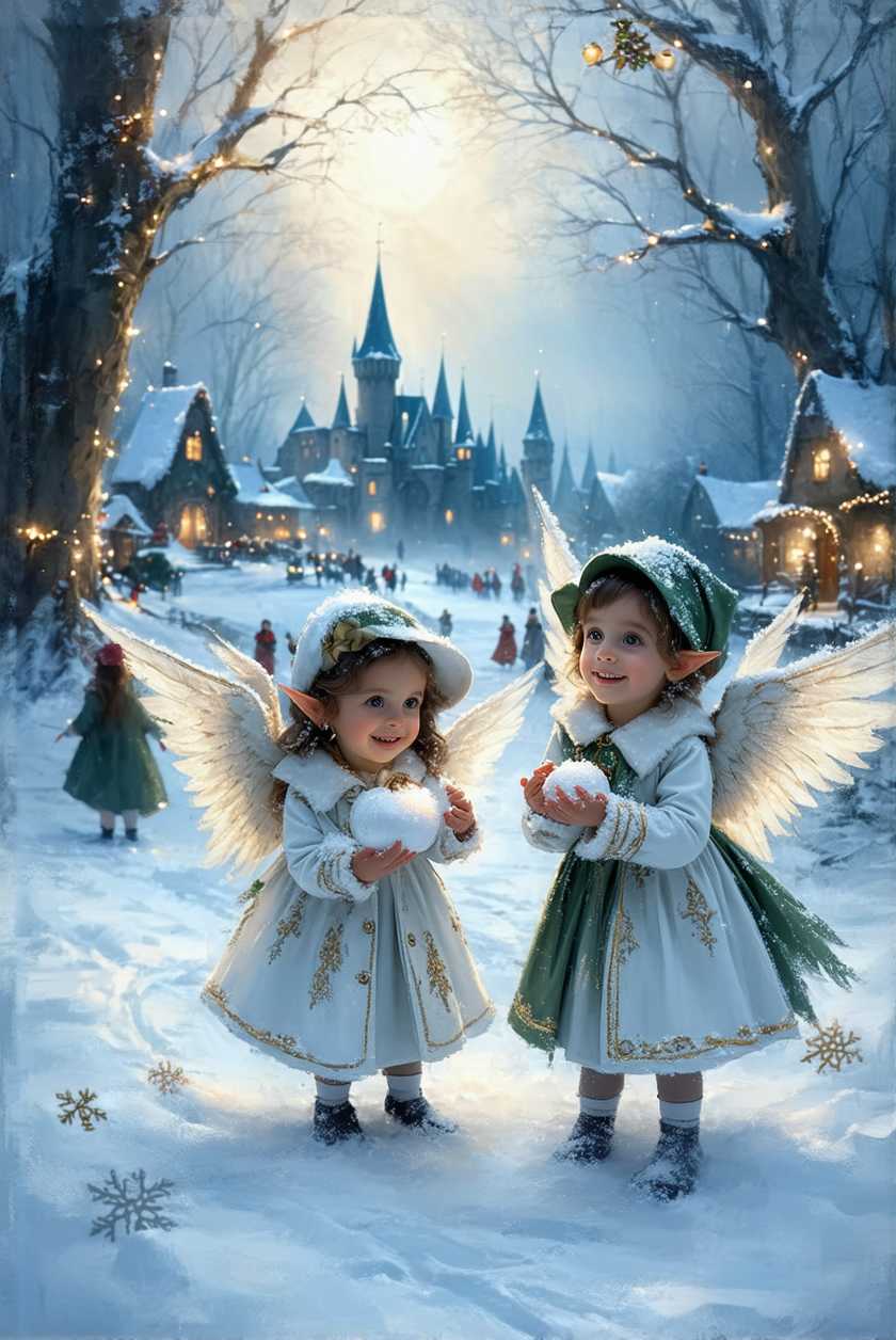 This image is a digital painting that captures a magical winter scene. The art style is fantastical and whimsical, with a high level of detail and realism of the elf girls.The medium appears to be a digital painting software, given the smooth blending and gradients of colors.The colors in the image are predominantly cool tones, with whites, blues, and grays dominating the palette. The snowflakes and the elf childrens clothing are highlighted with touches of warm colors like red, pink, and gold, which add depth and contrast to the scene. The use of light and shadow is masterful, with the sunlight filtering through the trees and casting a warm glow on the elf childrens faces, creating a cozy and enchanting atmosphere.The objects in the image are numerous and contribute to the magical winter wonderland. In the foreground, there are two children dressed in elaborate winter costumes that resemble angels or fairies. The child on the left is wearing a white coat with golden embroidery and a matching hat, while the child on the right is wearing a green coat with a similar hat. Both elf children with dark skin have wings and are holding snowballs, with expressions of pure joy on their faces.In the background, there are more children playing in the snow, with one child building a snowman. The snow covered ground is dotted with footprints and small animal tracks, adding to the wintry feel of the scene. The trees are adorned with twinkling lights, and there is a faint outline of a castle or grand building in the distance, suggesting a nearby village or town.Overall, the image exudes a sense of wonder, joy, and enchantment, inviting the viewer into a magical winter world filled with playful elf children and ethereal creatures.