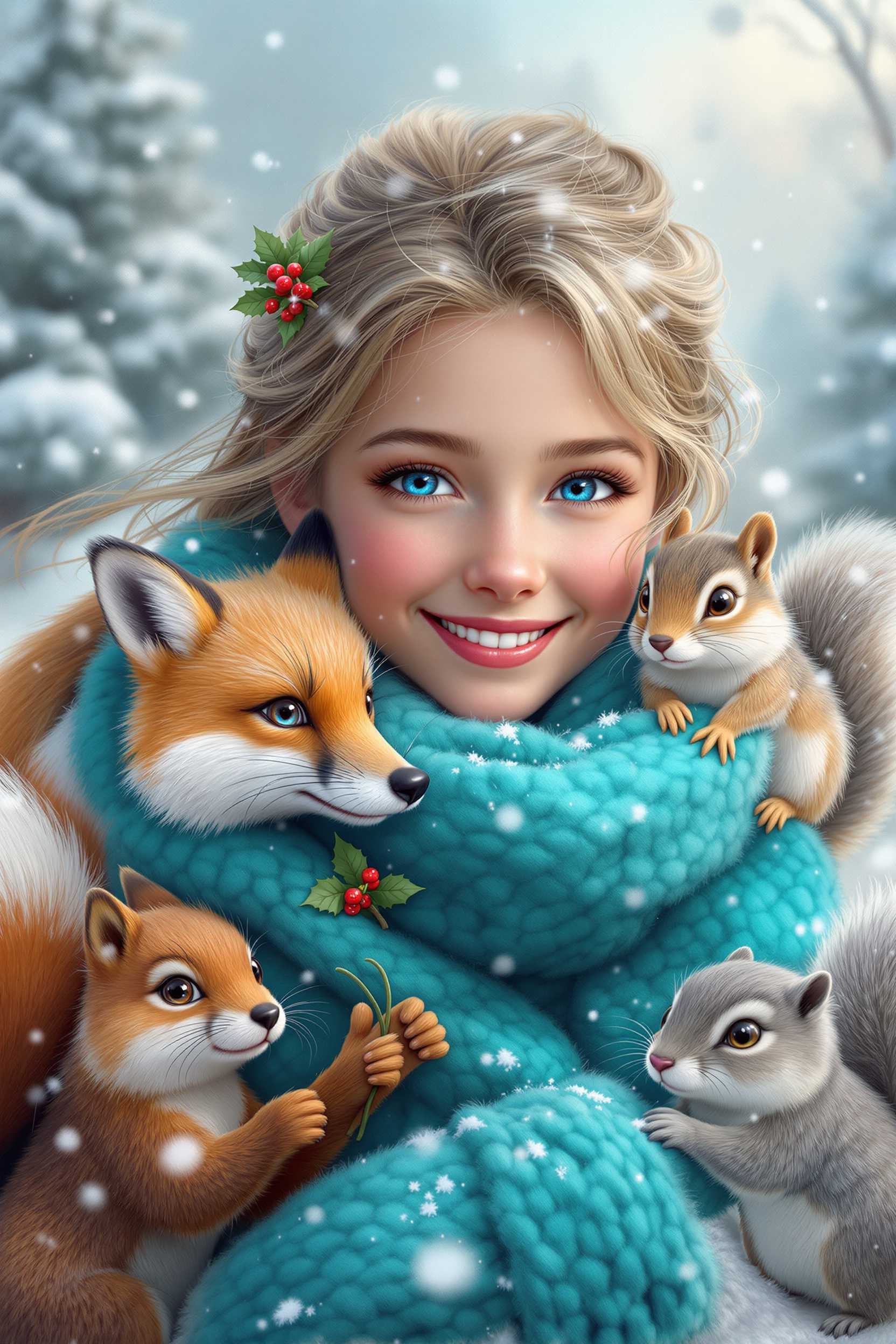This image is a digital artwork that captures a magical winter scene. The art style is highly detailed and realistic, with a touch of fantasy, as evidenced by the close interaction between the human girl and the animals. The medium appears to be a digital painting, given the smooth blending of colors and the lifelike textures.The colors in the image are rich and vibrant, with a predominance of cool tones that convey the winter theme. The sky is a soft, pastel blue, suggesting a gentle, overcast winter day. The snowflakes are depicted with a delicate translucency, giving them a realistic appearance as they gently descend.The focal point of the image is a young girl with a radiant smile, her eyes sparkling with joy. She is wrapped in a cozy, turquoise blue scarf that is textured to appear soft and warm. The scarf is adorned with a sprig of holly, adding a festive touch to the winter setting.Surrounding the girl are three animals a fox, two squirrels, and a chipmunk. The fox is on the left, with its striking orange and white fur, and piercing blue eyes that seem to connect with the viewer. The foxes expression is one of curiosity and friendliness.In the center, there is a smaller squirrel with a brown and white coat, its large, expressive eyes conveying a sense of playfulness. The squirrels bushy tail is curled up, and it seems to be nibbling on something, perhaps a small branch or a nut.On the right, there is a chipmunk with a grey and white coat, its small, agile body poised as if its about to leap into action. The chipmunks large, round eyes are bright with energy, and its tiny paws are clasped together in front.The animals are all depicted with lifelike textures and details, from the individual hairs on their fur to the nuanced shadows and highlights that give them dimension. They are interacting with the girl in a way that suggests a close bond, as if they are her friends.The background of the image is a soft, dreamy blur of winter scenery, with trees covered in snow and a gentle, falling snowfall that adds to the magical atmosphere of the scene. The overall effect is one of warmth, friendship, and enchantment, as the girl and the animals share a moment of joy and companionship in the winter wonderland.