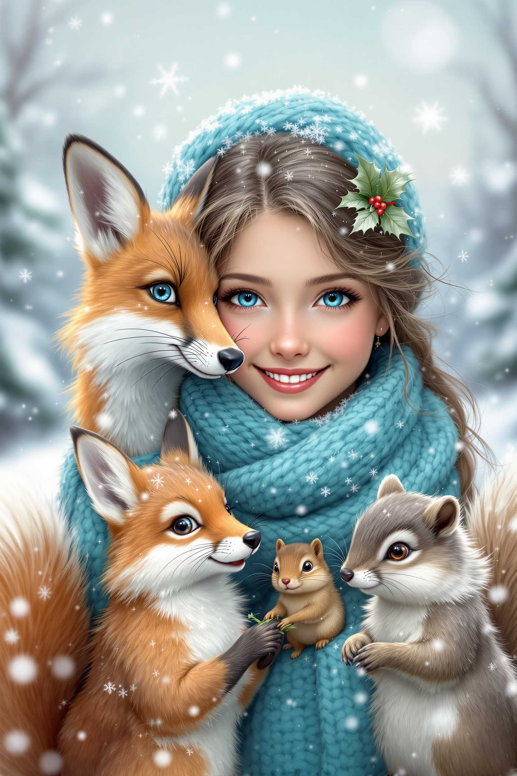 This image is a digital artwork that captures a magical winter scene. The art style is highly detailed and realistic, with a touch of fantasy, as evidenced by the close interaction between the human girl and the animals. The medium appears to be a digital painting, given the smooth blending of colors and the lifelike textures.The colors in the image are rich and vibrant, with a predominance of cool tones that convey the winter theme. The sky is a soft, pastel blue, suggesting a gentle, overcast winter day. The snowflakes are depicted with a delicate translucency, giving them a realistic appearance as they gently descend.The focal point of the image is a young girl with a radiant smile, her eyes sparkling with joy. She is wrapped in a cozy, turquoise blue scarf that is textured to appear soft and warm. The scarf is adorned with a sprig of holly, adding a festive touch to the winter setting.Surrounding the girl are three animals a fox, two squirrels, and a chipmunk. The fox is on the left, with its striking orange and white fur, and piercing blue eyes that seem to connect with the viewer. The foxes expression is one of curiosity and friendliness.In the center, there is a smaller squirrel with a brown and white coat, its large, expressive eyes conveying a sense of playfulness. The squirrels bushy tail is curled up, and it seems to be nibbling on something, perhaps a small branch or a nut.On the right, there is a chipmunk with a grey and white coat, its small, agile body poised as if its about to leap into action. The chipmunks large, round eyes are bright with energy, and its tiny paws are clasped together in front.The animals are all depicted with lifelike textures and details, from the individual hairs on their fur to the nuanced shadows and highlights that give them dimension. They are interacting with the girl in a way that suggests a close bond, as if they are her friends.The background of the image is a soft, dreamy blur of winter scenery, with trees covered in snow and a gentle, falling snowfall that adds to the magical atmosphere of the scene. The overall effect is one of warmth, friendship, and enchantment, as the girl and the animals share a moment of joy and companionship in the winter wonderland.