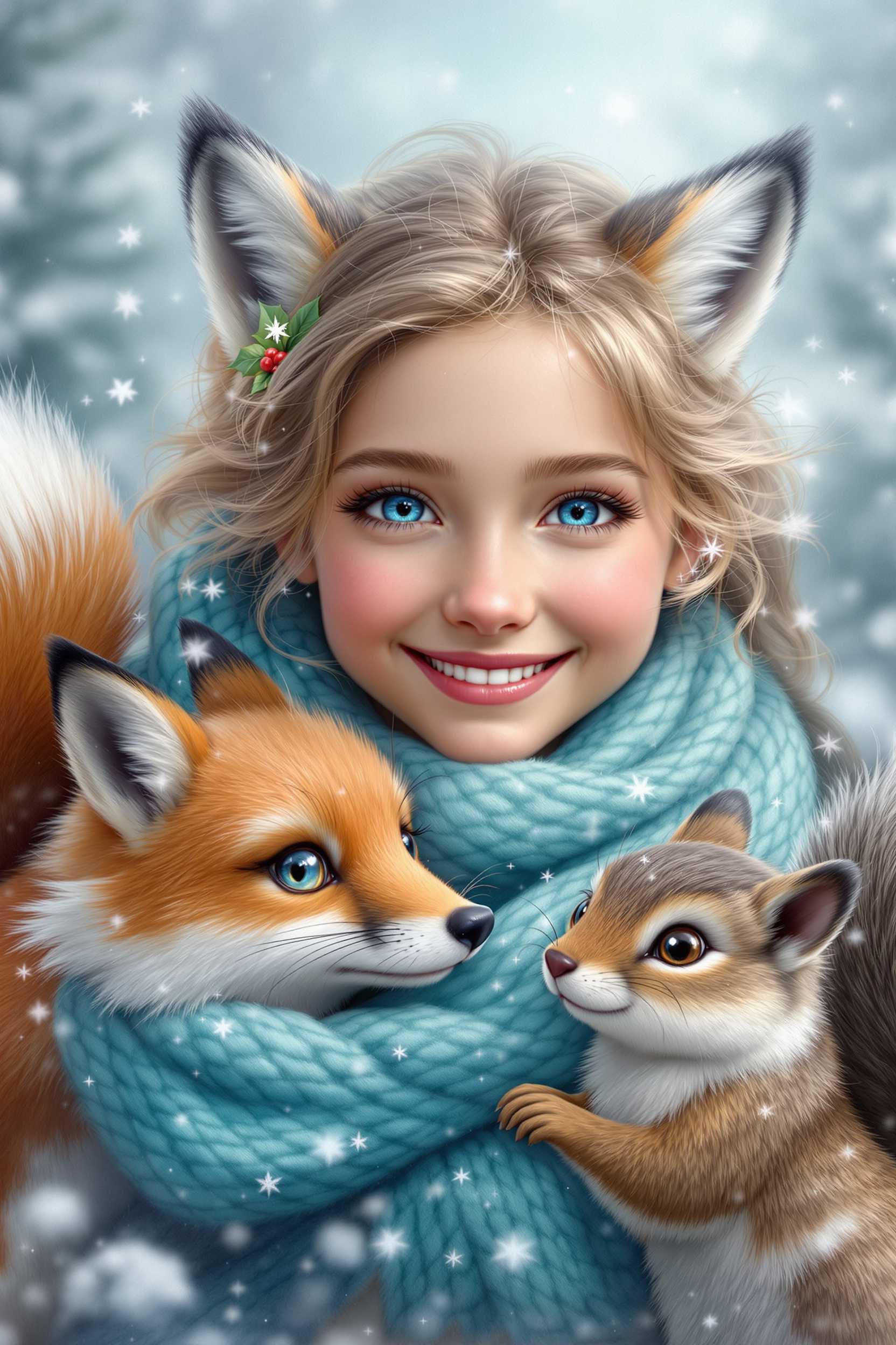 This image is a digital artwork that captures a magical winter scene. The art style is highly detailed and realistic, with a touch of fantasy, as evidenced by the close interaction between the human girl and the animals. The medium appears to be a digital painting, given the smooth blending of colors and the lifelike textures.The colors in the image are rich and vibrant, with a predominance of cool tones that convey the winter theme. The sky is a soft, pastel blue, suggesting a gentle, overcast winter day. The snowflakes are depicted with a delicate translucency, giving them a realistic appearance as they gently descend.The focal point of the image is a young girl with a radiant smile, her eyes sparkling with joy. She is wrapped in a cozy, turquoise blue scarf that is textured to appear soft and warm. The scarf is adorned with a sprig of holly, adding a festive touch to the winter setting.Surrounding the girl are three animals a fox, two squirrels, and a chipmunk. The fox is on the left, with its striking orange and white fur, and piercing blue eyes that seem to connect with the viewer. The foxes expression is one of curiosity and friendliness.In the center, there is a smaller squirrel with a brown and white coat, its large, expressive eyes conveying a sense of playfulness. The squirrels bushy tail is curled up, and it seems to be nibbling on something, perhaps a small branch or a nut.On the right, there is a chipmunk with a grey and white coat, its small, agile body poised as if its about to leap into action. The chipmunks large, round eyes are bright with energy, and its tiny paws are clasped together in front.The animals are all depicted with lifelike textures and details, from the individual hairs on their fur to the nuanced shadows and highlights that give them dimension. They are interacting with the girl in a way that suggests a close bond, as if they are her friends.The background of the image is a soft, dreamy blur of winter scenery, with trees covered in snow and a gentle, falling snowfall that adds to the magical atmosphere of the scene. The overall effect is one of warmth, friendship, and enchantment, as the girl and the animals share a moment of joy and companionship in the winter wonderland.