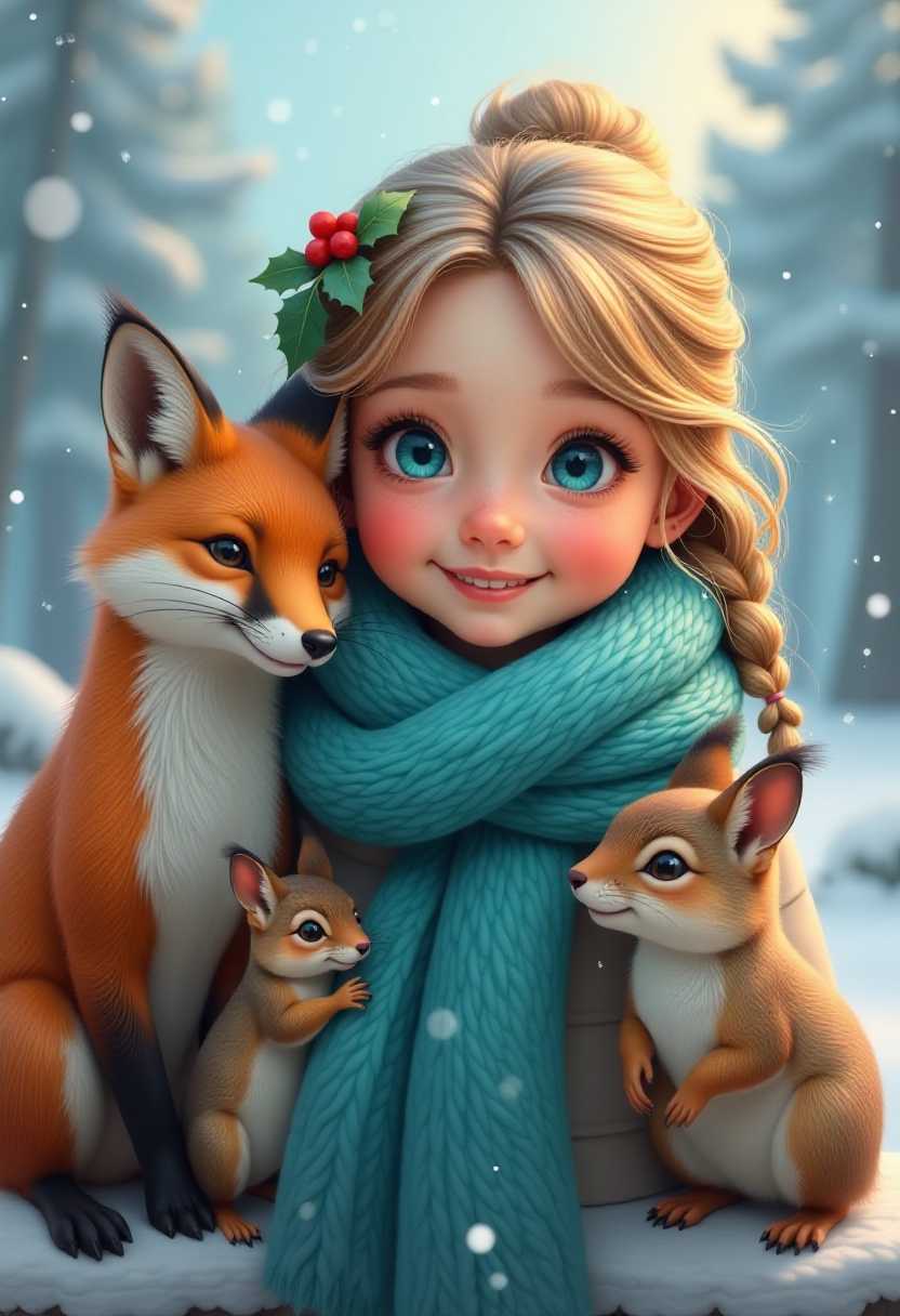 This image is a digital artwork that captures a magical winter scene. The art style is highly detailed and realistic, with a touch of fantasy, as evidenced by the close interaction between the human girl and the animals. The medium appears to be a digital painting, given the smooth blending of colors and the lifelike textures.The colors in the image are rich and vibrant, with a predominance of cool tones that convey the winter theme. The sky is a soft, pastel blue, suggesting a gentle, overcast winter day. The snowflakes are depicted with a delicate translucency, giving them a realistic appearance as they gently descend.The focal point of the image is a young girl with a radiant smile, her eyes sparkling with joy. She is wrapped in a cozy, turquoise blue scarf that is textured to appear soft and warm. The scarf is adorned with a sprig of holly, adding a festive touch to the winter setting.Surrounding the girl are three animals a fox, two squirrels, and a chipmunk. The fox is on the left, with its striking orange and white fur, and piercing blue eyes that seem to connect with the viewer. The foxes expression is one of curiosity and friendliness.In the center, there is a smaller squirrel with a brown and white coat, its large, expressive eyes conveying a sense of playfulness. The squirrels bushy tail is curled up, and it seems to be nibbling on something, perhaps a small branch or a nut.On the right, there is a chipmunk with a grey and white coat, its small, agile body poised as if its about to leap into action. The chipmunks large, round eyes are bright with energy, and its tiny paws are clasped together in front.The animals are all depicted with lifelike textures and details, from the individual hairs on their fur to the nuanced shadows and highlights that give them dimension. They are interacting with the girl in a way that suggests a close bond, as if they are her friends.The background of the image is a soft, dreamy blur of winter scenery, with trees covered in snow and a gentle, falling snowfall that adds to the magical atmosphere of the scene. The overall effect is one of warmth, friendship, and enchantment, as the girl and the animals share a moment of joy and companionship in the winter wonderland.