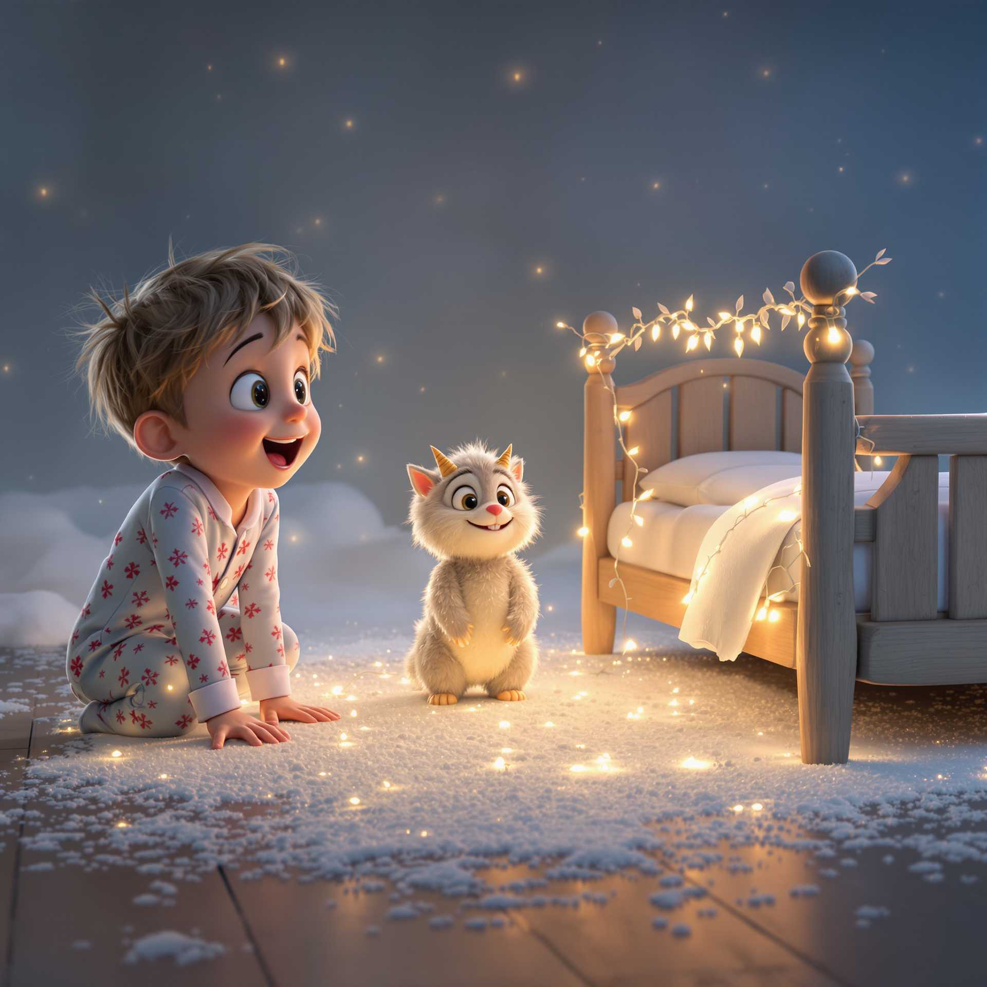 This image is a digital artwork that captures a moment of wonder and curiosity. The art style is realistic with a touch of fantasy, as evidenced by the magical and whimsical elements present in the scene. The medium appears to be a 3D rendering, given the smooth texture and lighting, as well as the intricate details that are typical of 3D modeling.The colors in the image are soft and muted, with a predominance of cool tones. The background is a gradient of blues and grays, creating a tranquil and slightly mysterious atmosphere. The childs pajamas are a light blue with a pattern of red and white, which adds a pop of color to the otherwise cool palette.The objects in the image are numerous and contribute to the magical and enchanting quality of the scene. In the foreground, we see a child with tousled hair, wearing pajamas with a pattern of red and white. The childs wide eyes and open mouth suggest a sense of awe and excitement. The childs hands are placed on the floor, and his body is slightly hunched, indicating that he is crouching down to get a closer look at the scene in front of him.In the center of the image, there is a small, furry creature with large, expressive eyes and a friendly smile. It has small horns protruding from its head and a fluffy, gray coat. The creature is standing on a patch of snow, which is scattered with twinkling lights, giving the scene a magical feel. The snow is illuminated by a warm, golden light that seems to emanate from the creature, creating a stark contrast with the cool blue tones of the background.To the right of the creature, there is a wooden bed frame with a white sheet draped over it. The bed frame is adorned with a garland of lights and small, white decorative elements that resemble icicles or frost. The lights twinkle and cast a soft glow on the bed frame, contributing to the magical atmosphere of the scene.The floor is made of wooden planks, and there is a dusting of snow on them, which adds to the wintry feel of the setting. The snowflakes are scattered across the floor, and some of them catch the light, reflecting the warm glow from the creature.Overall, the image is a charming and imaginative portrayal of a childs encounter with a magical creature in a cozy, wintry setting. The use of light, color, and texture brings the scene to life, creating a sense of wonder and enchantment that is both captivating and heartwarming.