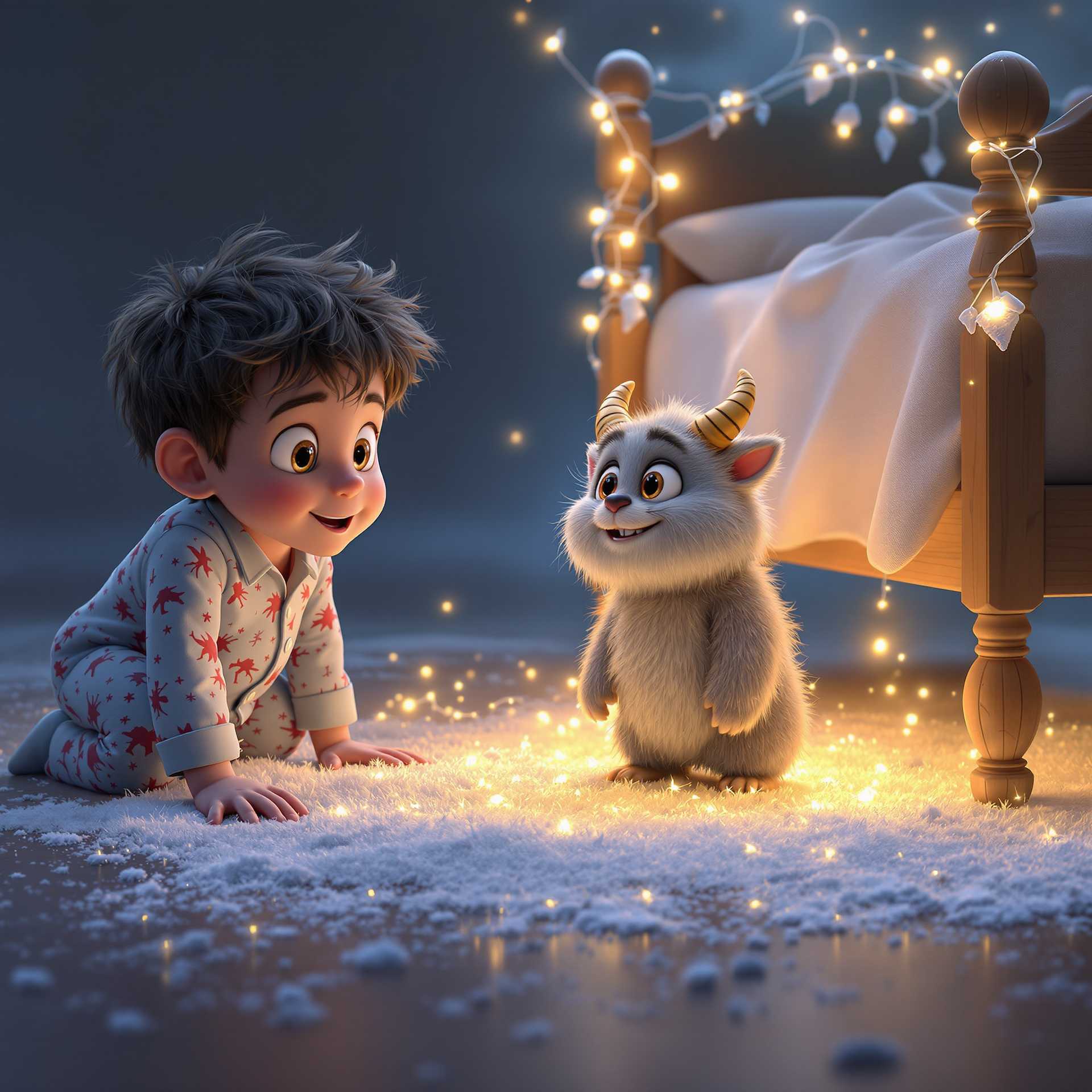 This image is a digital artwork that captures a moment of wonder and curiosity. The art style is realistic with a touch of fantasy, as evidenced by the magical and whimsical elements present in the scene. The medium appears to be a 3D rendering, given the smooth texture and lighting, as well as the intricate details that are typical of 3D modeling.The colors in the image are soft and muted, with a predominance of cool tones. The background is a gradient of blues and grays, creating a tranquil and slightly mysterious atmosphere. The childs pajamas are a light blue with a pattern of red and white, which adds a pop of color to the otherwise cool palette.The objects in the image are numerous and contribute to the magical and enchanting quality of the scene. In the foreground, we see a child with tousled hair, wearing pajamas with a pattern of red and white. The childs wide eyes and open mouth suggest a sense of awe and excitement. The childs hands are placed on the floor, and his body is slightly hunched, indicating that he is crouching down to get a closer look at the scene in front of him.In the center of the image, there is a small, furry creature with large, expressive eyes and a friendly smile. It has small horns protruding from its head and a fluffy, gray coat. The creature is standing on a patch of snow under the bed, which is scattered with twinkling lights, giving the scene a magical feel. The snow is illuminated by a warm, golden light that seems to emanate from the creature, creating a stark contrast with the cool blue tones of the background.To the right of the creature, there is a wooden bed frame with a white sheet draped over it. The bed frame is adorned with a garland of lights and small, white decorative elements that resemble icicles or frost. The lights twinkle and cast a soft glow on the bed frame, contributing to the magical atmosphere of the scene.The floor is made of wooden planks, and there is a dusting of snow on them, which adds to the wintry feel of the setting. The snowflakes are scattered across the floor, and some of them catch the light, reflecting the warm glow from the creature.Overall, the image is a charming and imaginative portrayal of a childs encounter with a magical creature in a cozy, wintry setting. The use of light, color, and texture brings the scene to life, creating a sense of wonder and enchantment that is both captivating and heartwarming.