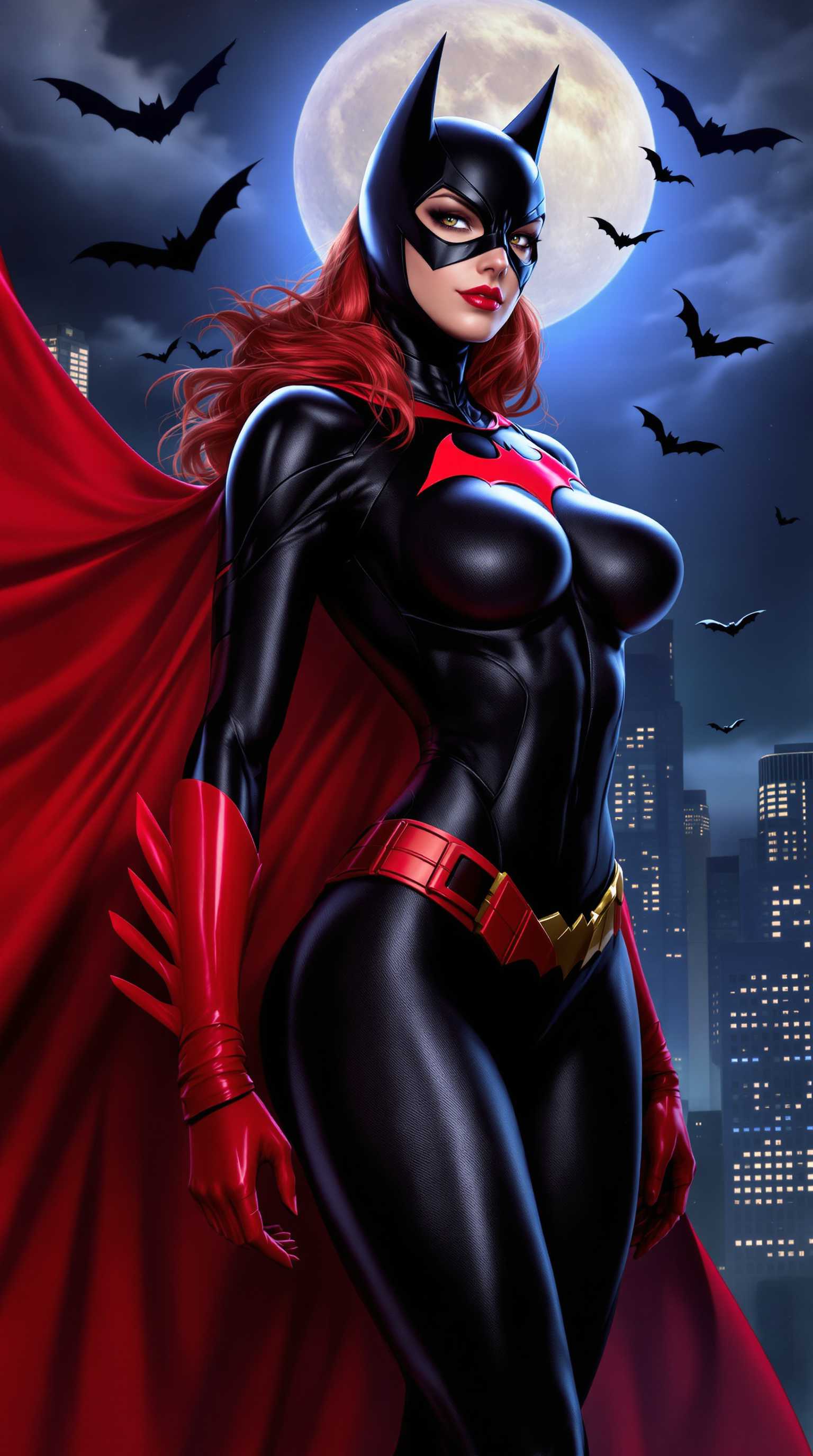 This image is a digital artwork that features a female character Batgirl dressed in a sleek, black and red superhero costume with a bat emblem on the chest. The character is wearing a mask with pointed ears, and the hair is a vibrant red, flowing in waves. The suit is tight fitting, highlighting the muscular build of the character and large bust, and the red cape billows behind, giving the impression of movement.The art style is realistic with a touch of fantasy, utilizing high resolution textures and lighting to create a lifelike appearance. The medium appears to be a digital painting, given the smooth gradients and seamless blending of colors.The colors in the image are bold and striking, with the reds and blacks creating a dramatic contrast against the cool blues and grays of the cityscape in the background. The red cape and gloves stand out prominently, drawing the eye and adding to the dynamic feel of the character.The objects in the image include the characters costume, which is the focal point, and the cityscape in the background, which adds depth and context to the setting. The cityscape is depicted with skyscrapers and a full moon, which casts a serene glow over the scene. There are also bats flying in the sky, which is a nod to the bat motif of the characters costume. The overall composition of the image is balanced, with the character taking center stage against the backdrop of the city.