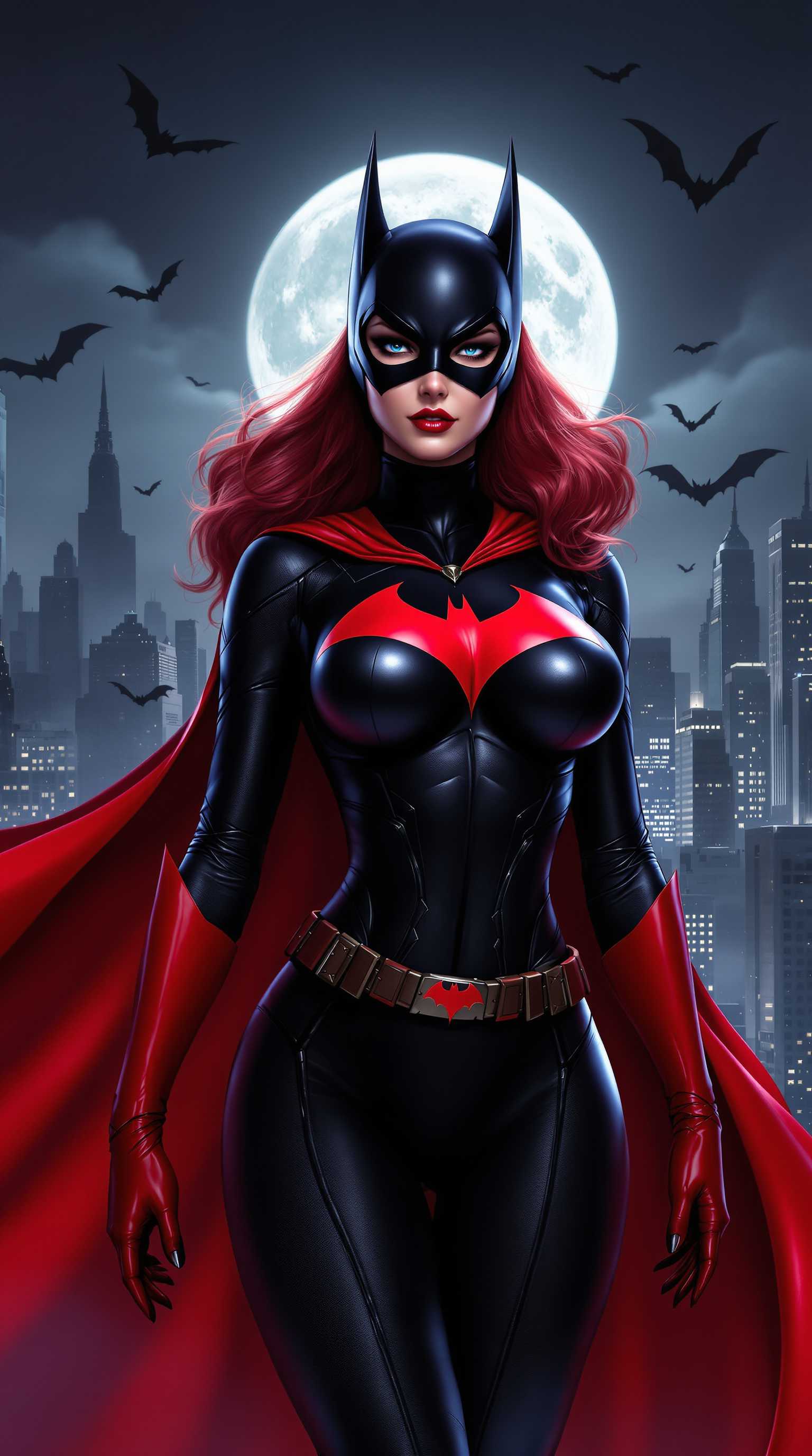 This image is a digital artwork that features a female character Batgirl dressed in a sleek, black and red superhero costume with a bat emblem on the chest. The character is wearing a mask with pointed ears, and the hair is a vibrant red, flowing in waves. The suit is tight fitting, highlighting the muscular build of the character and large bust, and the red cape billows behind, giving the impression of movement.The art style is realistic with a touch of fantasy, utilizing high resolution textures and lighting to create a lifelike appearance. The medium appears to be a digital painting, given the smooth gradients and seamless blending of colors.The colors in the image are bold and striking, with the reds and blacks creating a dramatic contrast against the cool blues and grays of the cityscape in the background. The red cape and gloves stand out prominently, drawing the eye and adding to the dynamic feel of the character.The objects in the image include the characters costume, which is the focal point, and the cityscape in the background, which adds depth and context to the setting. The cityscape is depicted with skyscrapers and a full moon, which casts a serene glow over the scene. There are also bats flying in the sky, which is a nod to the bat motif of the characters costume. The overall composition of the image is balanced, with the character taking center stage against the backdrop of the city.