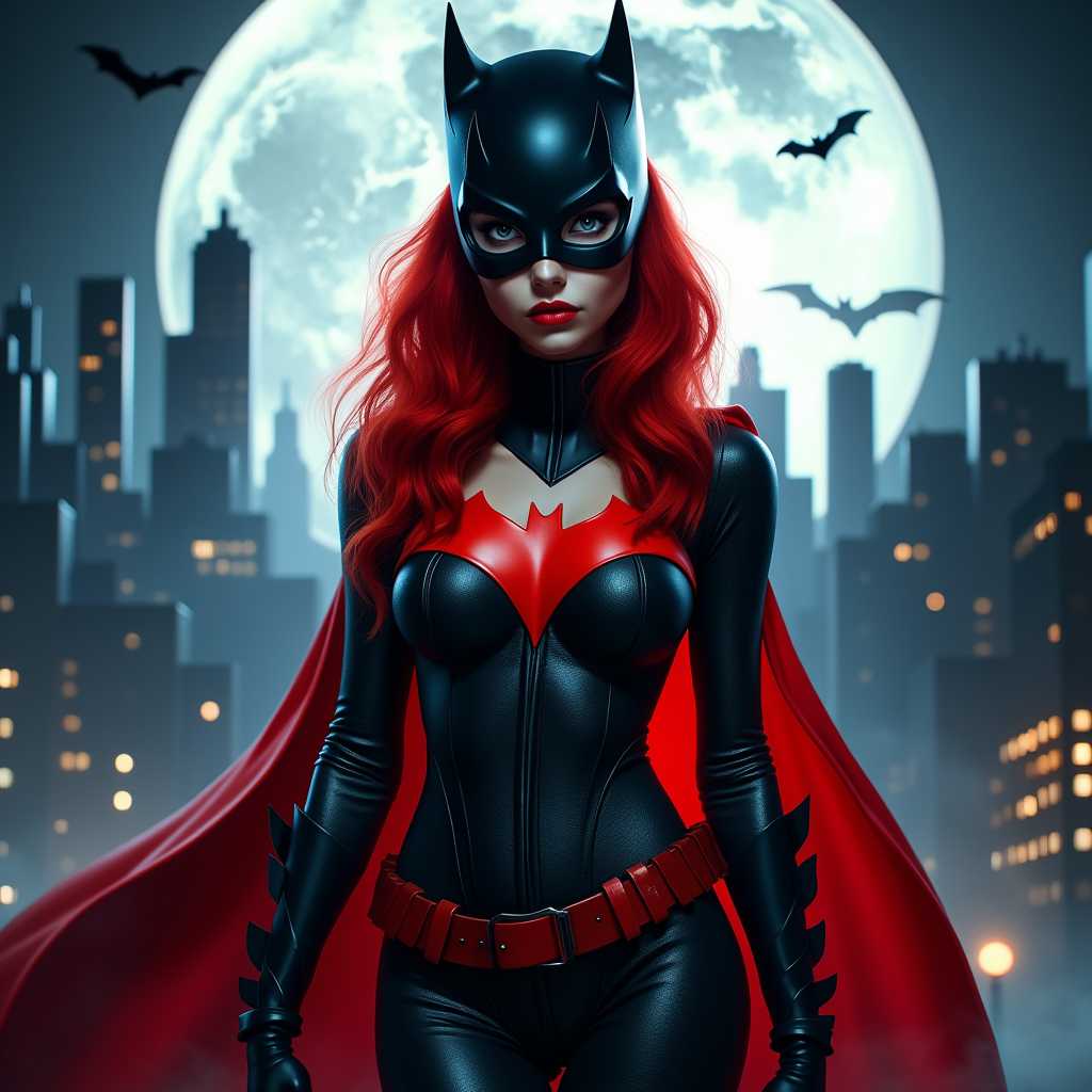 eerie, This image is a digital artwork that features a female character Batgirl dressed in a sleek, black and red superhero costume with a bat emblem on the chest. The character is wearing a mask with pointed ears, and the hair is a vibrant red, flowing in waves. The suit is tight fitting, highlighting the muscular build of the character and large bust, and the red cape billows behind, giving the impression of movement.The art style is realistic with a touch of fantasy, utilizing high resolution textures and lighting to create a lifelike appearance. The medium appears to be a digital painting, given the smooth gradients and seamless blending of colors.The colors in the image are bold and striking, with the reds and blacks creating a dramatic contrast against the cool blues and grays of the cityscape in the background. The red cape and gloves stand out prominently, drawing the eye and adding to the dynamic feel of the character.The objects in the image include the characters costume, which is the focal point, and the cityscape in the background, which adds depth and context to the setting. The cityscape is depicted with skyscrapers and a full moon, which casts a serene glow over the scene. There are also bats flying in the sky, which is a nod to the bat motif of the characters costume. The overall composition of the image is balanced, with the character taking center stage against the backdrop of the city.