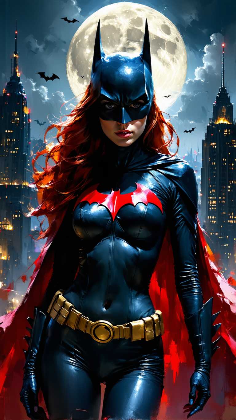 This image is a digital artwork that features a female character Batgirl dressed in a sleek, black and red superhero costume with a bat emblem on the chest. The character is wearing a mask with pointed ears, and the hair is a vibrant red, flowing in waves. The suit is tight fitting, highlighting the muscular build of the character and large bust, and the red cape billows behind, giving the impression of movement.The art style is realistic with a touch of fantasy, utilizing high resolution textures and lighting to create a lifelike appearance. The medium appears to be a digital painting, given the smooth gradients and seamless blending of colors.The colors in the image are bold and striking, with the reds and blacks creating a dramatic contrast against the cool blues and grays of the cityscape in the background. The red cape and gloves stand out prominently, drawing the eye and adding to the dynamic feel of the character.The objects in the image include the characters costume, which is the focal point, and the cityscape in the background, which adds depth and context to the setting. The cityscape is depicted with skyscrapers and a full moon, which casts a serene glow over the scene. There are also bats flying in the sky, which is a nod to the bat motif of the characters costume. The overall composition of the image is balanced, with the character taking center stage against the backdrop of the city.