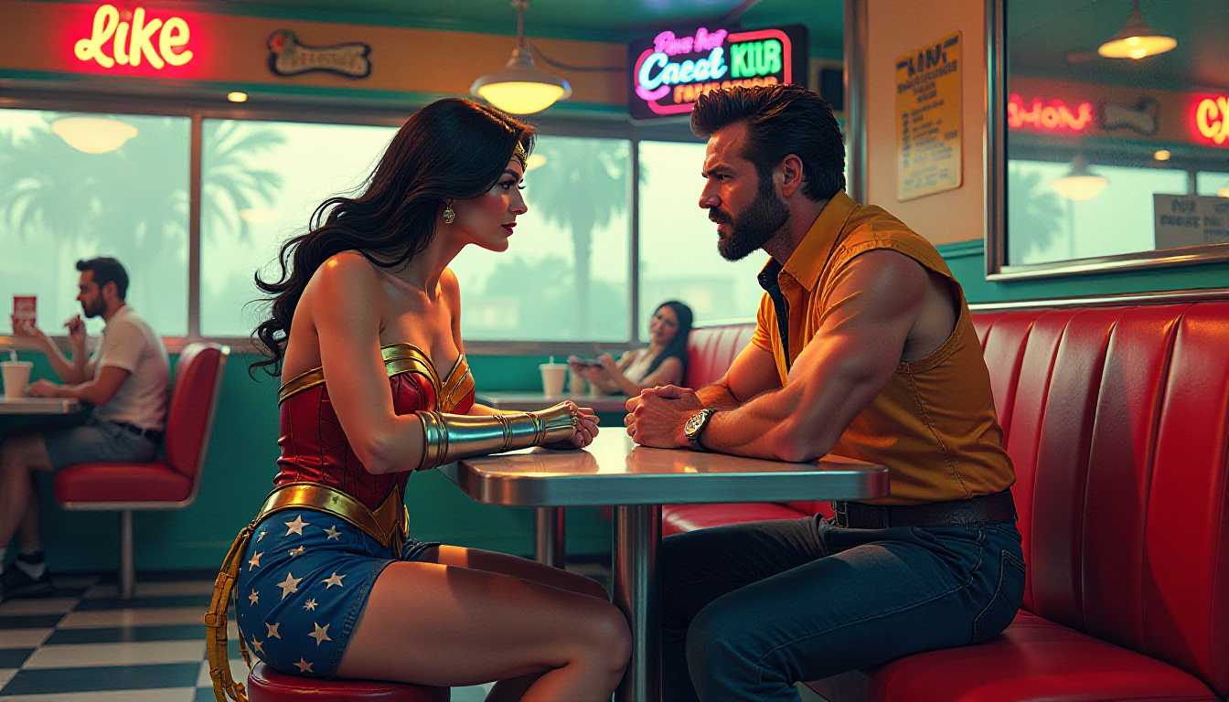 In a vibrant, retro-styled diner reminiscent of the 1950s, Wonder Woman and Wolverine are engaged in a deep conversation. **Visual Details:** The diner features checkered floors, shiny red vinyl booths, and a gleaming stainless steel counter with a display case full of colorful desserts. The lighting is warm, with neon signs casting a soft glow over the scene. Wonder Woman, with her iconic red, blue, and gold costume, has her Lasso of Truth subtly glowing beside her, indicating the seriousness of their discussion. Wolverine, in his classic brown and yellow suit, sports a more relaxed posture, his adamantium claws retracted but visible on his knuckles. **Style:** Capture this scene in the style of a classic comic book cover, with bold outlines, high contrast colors, and dynamic shadows to emphasize the characters' heroic presence. **Composition:** The camera angle is low, looking up slightly, to give both characters a sense of grandeur. Wonder Woman is seated towards the camera, while Wolverine faces her, allowing their expressions to convey their personalities and the intensity of their dialogue. **Mood and Atmosphere:** The atmosphere is nostalgic, with a touch of mystery, as if this meeting holds secrets only they know. The diner is quiet, with only soft jazz playing in the background, suggesting a private moment in a public place. **Technical Aspects:** Use a depth of field to focus on the characters, with the diner's interior slightly blurred in the background. Employ chiaroscuro lighting to highlight their facial expressions, capturing the nuances of their conversation. **Cohesion:** This image should blend the superhero genre with Americana, creating a scene where two iconic characters from different universes could plausibly meet, discuss, and perhaps even share a moment of camaraderie or tension, all within the familiar yet extraordinary setting of a diner.