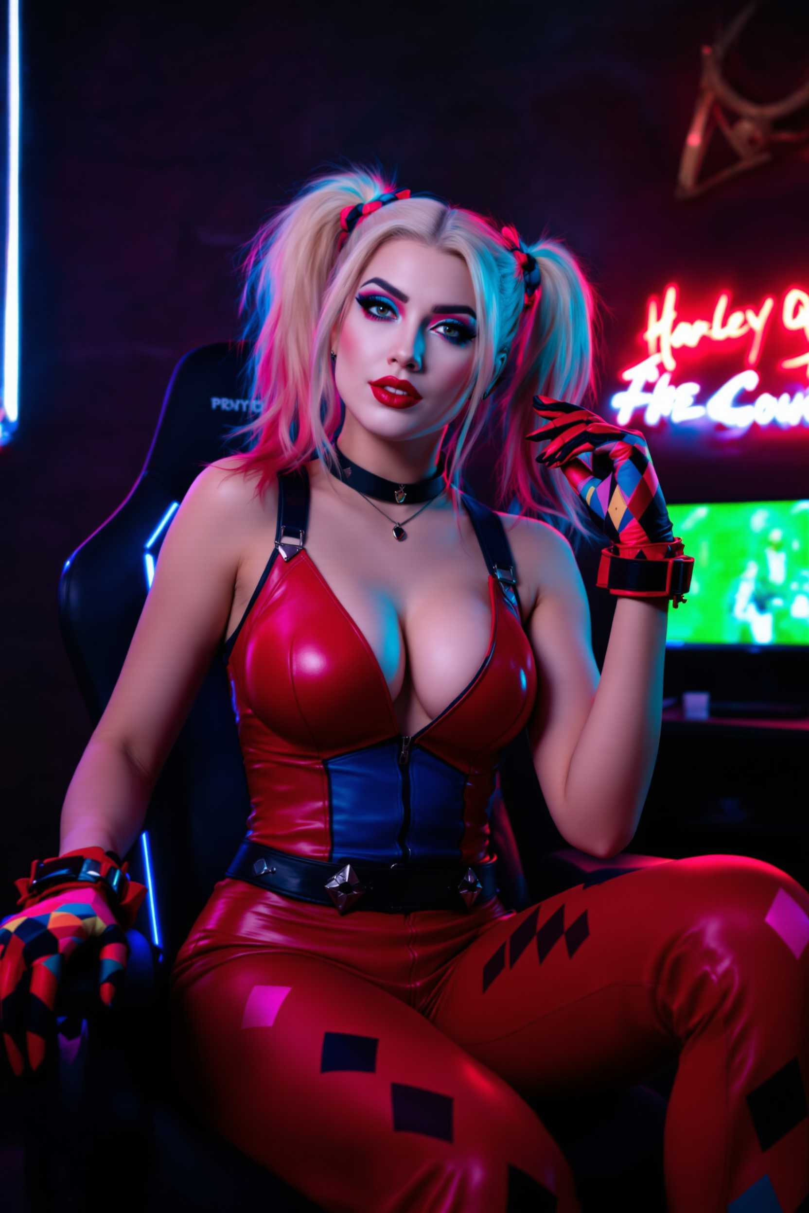 The image features a woman dressed in a costume that resembles Harley Quinn from the Batman series. The costume includes1. Hair The person has blonde hair styled into two high ponytails with red and blue highlights, which are the colors traditionally associated with Harley Quinns hair.2. Makeup The makeup is bold and colorful, with a focus on the eyes. The person has blue eyeshadow with a black outline, and the lower lash line is accented with red. The eyebrows are well groomed and arched, and there is a hint of red lipstick visible.3. Clothing The costume consists of a sleeveless red bodysuit with a deep V neckline and a large bust and blue panel on the front. The bodysuit has a shiny, leather like texture. The person is also wearing red pants with a diamond pattern in black, which is a nod to Harley Quinns usual attire.4. Accessories The woman is wearing a black choker with a small, round pendant. They also have a pair of gloves with a colorful, diamond shaped pattern on the fingers, which matches the pants.5. Setting The person is seated in a modern, black gaming chair with blue lighting. In the background, there is a dark, textured wall with a neon sign that has a blurred, indistinct message. There is also a computer monitor on a desk, which has a green screen, suggesting a gaming or streaming setup.6. Lighting The lighting in the room is dramatic, with a mix of natural and artificial light sources. The neon sign and the blue lighting on the chair create a vibrant and energetic atmosphere.7. Pose The person is leaning slightly forward, with one hand resting on the armrest of the chair and the other hand raised to their chest, which gives off a playful and confident vibe.