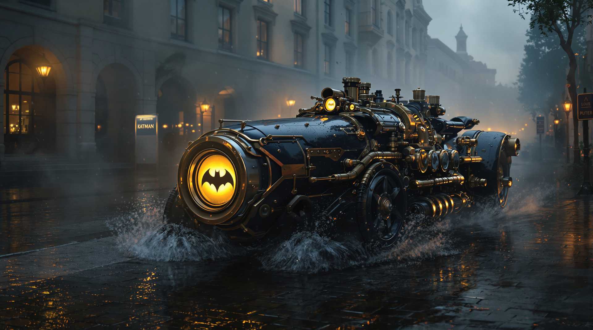 This image is a digital artwork that captures a fantastical vehicle in a steampunkinspired setting. The art style is rich in detail, with a cinematic quality that suggests a scene straight out of a highproductionvalue film or a concept art piece for a video game or movie.Medium The artwork is created digitally, as evidenced by the smooth gradients, the clarity of the details, and the seamless blending of colors and textures.Colors The color palette is moody and atmospheric, with a predominance of dark blues and blacks that give the image a nighttime or overcast feel. The metallic elements are highlighted with gold and brass tones, which stand out against the darker background. The wet cobblestone street reflects the ambient light, adding a warm, golden hue to the scene.Objects in the Image1. Vehicle The focal point of the image is a fantastical vehicle that resembles a cross between a classic race car and a steampunk contraption. It has a sleek, streamlined design with pronounced curves and angles. The vehicle is adorned with rivets, bolts, and mechanical parts, giving it a rugged, battlescarred look. The front of the vehicle is dominated by a large, circular headlight with a bat emblem in the center, which is reminiscent of the Batman logo. The emblem is backlit, casting a warm, yellow glow that stands out against the dark surroundings.2. Cobblestone Street The vehicle is driving on a wet cobblestone street, which reflects the ambient light and adds depth to the scene. The water droplets on the surface of the street create a sense of movement and dynamism, as if the vehicle has just driven through a puddle.3. Buildings In the background, there are tall, classical buildings with arched windows and ornate facades. The architecture suggests a European cityscape, possibly from the 18th or 19th century. The buildings are bathed in a soft, golden light, which contrasts with the darker tones of the foreground.4. Fog The atmosphere is further enhanced by a gentle fog that blankets the scene, adding a sense of mystery and depth. The fog diffuses the light, creating a dreamlike quality that blurs the lines between reality and fantasy.Overall, the image is a rich, immersive depiction of a steampunkinspired world, where technology and history have merged in a unique and imaginative way. The attention to detail, the use of color, and the composition all contribute to a sense of wonder and nostalgia.