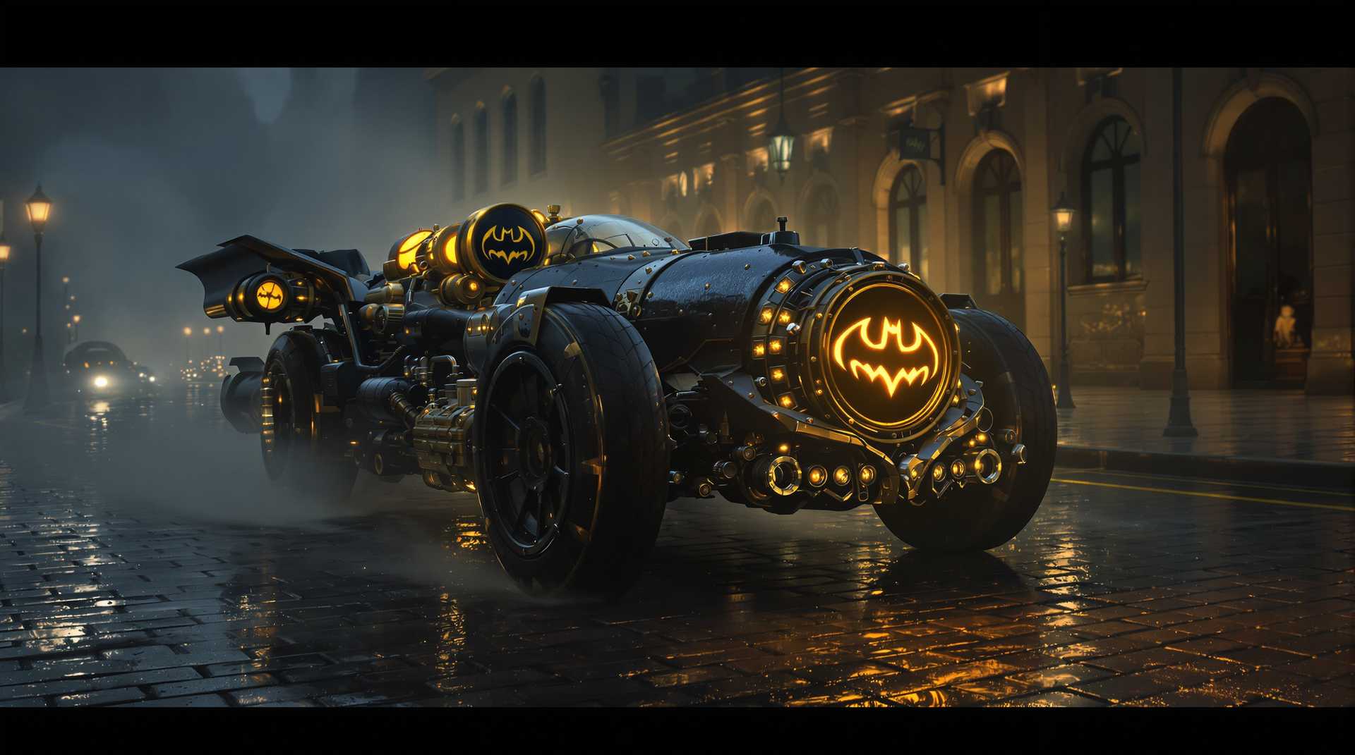 This image is a digital artwork that captures a fantastical vehicle in a steampunkinspired setting. The art style is rich in detail, with a cinematic quality that suggests a scene straight out of a highproductionvalue film or a concept art piece for a video game or movie.Medium The artwork is created digitally, as evidenced by the smooth gradients, the clarity of the details, and the seamless blending of colors and textures.Colors The color palette is moody and atmospheric, with a predominance of dark blues and blacks that give the image a nighttime or overcast feel. The metallic elements are highlighted with gold and brass tones, which stand out against the darker background. The wet cobblestone street reflects the ambient light, adding a warm, golden hue to the scene.Objects in the Image1. Vehicle The focal point of the image is a fantastical vehicle that resembles a cross between a classic race car and a steampunk contraption. It has a sleek, streamlined design with pronounced curves and angles. The vehicle is adorned with rivets, bolts, and mechanical parts, giving it a rugged, battlescarred look. The front of the vehicle is dominated by a large, circular headlight with a bat emblem in the center, which is reminiscent of the Batman logo. The emblem is backlit, casting a warm, yellow glow that stands out against the dark surroundings.2. Cobblestone Street The vehicle is driving on a wet cobblestone street, which reflects the ambient light and adds depth to the scene. The water droplets on the surface of the street create a sense of movement and dynamism, as if the vehicle has just driven through a puddle.3. Buildings In the background, there are tall, classical buildings with arched windows and ornate facades. The architecture suggests a European cityscape, possibly from the 18th or 19th century. The buildings are bathed in a soft, golden light, which contrasts with the darker tones of the foreground.4. Fog The atmosphere is further enhanced by a gentle fog that blankets the scene, adding a sense of mystery and depth. The fog diffuses the light, creating a dreamlike quality that blurs the lines between reality and fantasy.Overall, the image is a rich, immersive depiction of a steampunkinspired world, where technology and history have merged in a unique and imaginative way. The attention to detail, the use of color, and the composition all contribute to a sense of wonder and nostalgia.steampunk style.