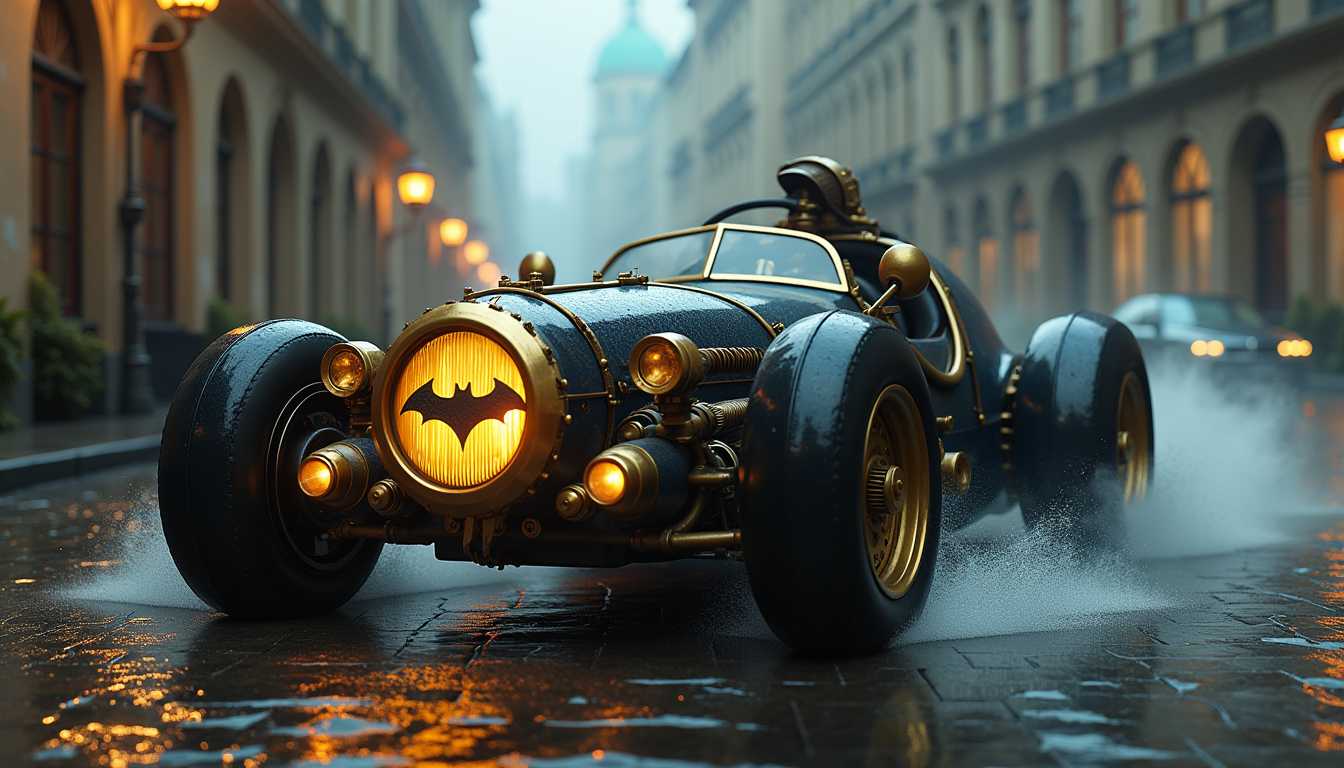 This image is a digital artwork that captures a fantastical vehicle in a steampunkinspired setting. The art style is rich in detail, with a cinematic quality that suggests a scene straight out of a highproductionvalue film or a concept art piece for a video game or movie.Medium The artwork is created digitally, as evidenced by the smooth gradients, the clarity of the details, and the seamless blending of colors and textures.Colors The color palette is moody and atmospheric, with a predominance of dark blues and blacks that give the image a nighttime or overcast feel. The metallic elements are highlighted with gold and brass tones, which stand out against the darker background. The wet cobblestone street reflects the ambient light, adding a warm, golden hue to the scene.Objects in the Image1. Vehicle The focal point of the image is a fantastical vehicle that resembles a cross between a classic race car and a steampunk contraption. It has a sleek, streamlined design with pronounced curves and angles. The vehicle is adorned with rivets, bolts, and mechanical parts, giving it a rugged, battlescarred look. The front of the vehicle is dominated by a large, circular headlight with a bat emblem in the center, which is reminiscent of the Batman logo. The emblem is backlit, casting a warm, yellow glow that stands out against the dark surroundings.2. Cobblestone Street The vehicle is driving on a wet cobblestone street, which reflects the ambient light and adds depth to the scene. The water droplets on the surface of the street create a sense of movement and dynamism, as if the vehicle has just driven through a puddle.3. Buildings In the background, there are tall, classical buildings with arched windows and ornate facades. The architecture suggests a European cityscape, possibly from the 18th or 19th century. The buildings are bathed in a soft, golden light, which contrasts with the darker tones of the foreground.4. Fog The atmosphere is further enhanced by a gentle fog that blankets the scene, adding a sense of mystery and depth. The fog diffuses the light, creating a dreamlike quality that blurs the lines between reality and fantasy.Overall, the image is a rich, immersive depiction of a steampunkinspired world, where technology and history have merged in a unique and imaginative way. The attention to detail, the use of color, and the composition all contribute to a sense of wonder and nostalgia.steampunk style.
