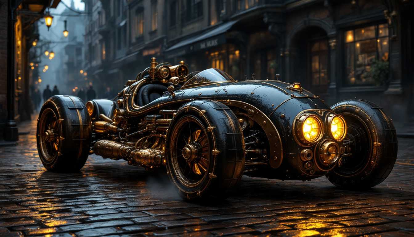 This image is a digital artwork that captures a fantastical vehicle in a steampunkinspired setting. The art style is rich in detail, with a cinematic quality that suggests a scene straight out of a highproductionvalue film or a concept art piece for a video game or movie.Medium The artwork is created digitally, as evidenced by the smooth gradients, the clarity of the details, and the seamless blending of colors and textures.Colors The color palette is moody and atmospheric, with a predominance of dark blues and blacks that give the image a nighttime or overcast feel. The metallic elements are highlighted with gold and brass tones, which stand out against the darker background. The wet cobblestone street reflects the ambient light, adding a warm, golden hue to the scene.Objects in the Image1. Vehicle The focal point of the image is a fantastical vehicle that resembles a cross between a classic race car and a steampunk contraption. It has a sleek, streamlined design with pronounced curves and angles. The vehicle is adorned with rivets, bolts, and mechanical parts, giving it a rugged, battlescarred look. The front of the vehicle is dominated by a large, circular headlight with a bat emblem in the center, which is reminiscent of the Batman logo. The emblem is backlit, casting a warm, yellow glow that stands out against the dark surroundings.2. Cobblestone Street The vehicle is driving on a wet cobblestone street, which reflects the ambient light and adds depth to the scene. The water droplets on the surface of the street create a sense of movement and dynamism, as if the vehicle has just driven through a puddle.3. Buildings In the background, there are tall, classical buildings with arched windows and ornate facades. The architecture suggests a European cityscape, possibly from the 18th or 19th century. The buildings are bathed in a soft, golden light, which contrasts with the darker tones of the foreground.4. Fog The atmosphere is further enhanced by a gentle fog that blankets the scene, adding a sense of mystery and depth. The fog diffuses the light, creating a dreamlike quality that blurs the lines between reality and fantasy.Overall, the image is a rich, immersive depiction of a steampunkinspired world, where technology and history have merged in a unique and imaginative way. The attention to detail, the use of color, and the composition all contribute to a sense of wonder and nostalgia.steampunk style.