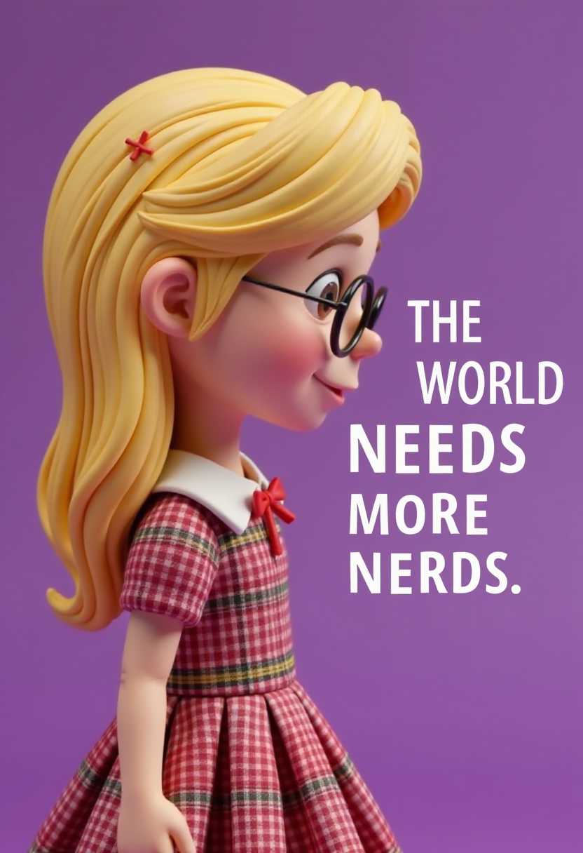 Claymation. A young girl with blonde hair and a side profile view. The girl is wearing a plaid dress with a white collar and a red bow at the neckline. Her hair is parted in the middle and secured with a small hair clip on the left side. The girl is wearing round, wirerimmed glasses and has a slight smile on her face.The background of the meme is a solid purple color, which provides a stark contrast to the girls lighter hair and clothing. The text on the meme reads THE WORLD NEEDS MORE NERDS. in bold, capitalized white letters. The font is simple and modern, and it is centered on the purple background, making it stand out prominently.