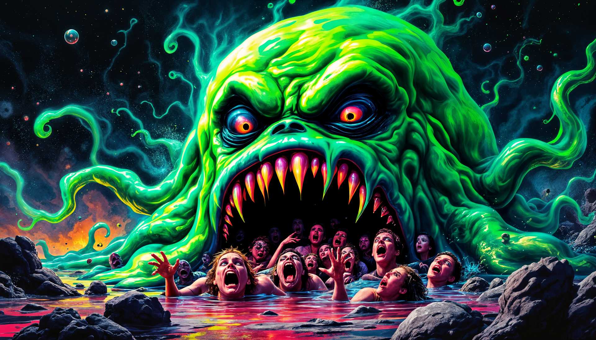 masterpiece, best quality, highres, sharp image, more detail, masterpiece, best quality, highres, sharp image, more detail, A surreal, high-resolution depiction of **The Blob that Eats Everyone**, in the style of a 1950s B-movie sci-fi poster with vivid, saturated colors and a sense of campy horror:

- **Visual Details**: The Blob itself is a vibrant, pulsating mass of translucent, neon green, with darker, ominous shades towards its core. It's actively consuming human figures, which are partially submerged or disappearing into its gelatinous form, showing expressions of fear or panic. The Blob's texture is slimy and viscous, with visible ripples and bubbles, suggesting a living, almost sentient entity.

- **Style**: Emulate the aesthetics of vintage horror/sci-fi movie posters, characterized by bold lines, dramatic shadows, and exaggerated expressions. The artwork should have a kitschy, retro-futuristic vibe with elements of expressionism for heightened drama.

- **Composition**: The Blob dominates the center of the image, with its tendrils or pseudopods reaching out to grab or envelop bystanders. The camera angle is slightly low, looking up at the Blob to emphasize its overwhelming presence. The human figures are positioned around and within the Blob, creating a dynamic sense of movement and chaos.

- **Mood and Atmosphere**: The scene is set at night, with the Blob illuminated by a mix of eerie, otherworldly green light and the stark contrast of streetlights or car headlights. The atmosphere is tense, with a sense of impending doom, yet there's an underlying humor in the exaggerated horror.

- **Technical Aspects**: Utilize chiaroscuro lighting to enhance the contrast between light and dark areas, creating depth and drama. Employ selective focus to highlight the Blob while background elements are slightly blurred, adding to the sense of the Blob being the center of this chaotic universe.

- **Cohesion**: All elements, from the Blob's appearance to the panicked crowd, the dramatic lighting, and the retro poster style, coalesce to create a unified narrative of a town under siege by an otherworldly, monstrous entity.