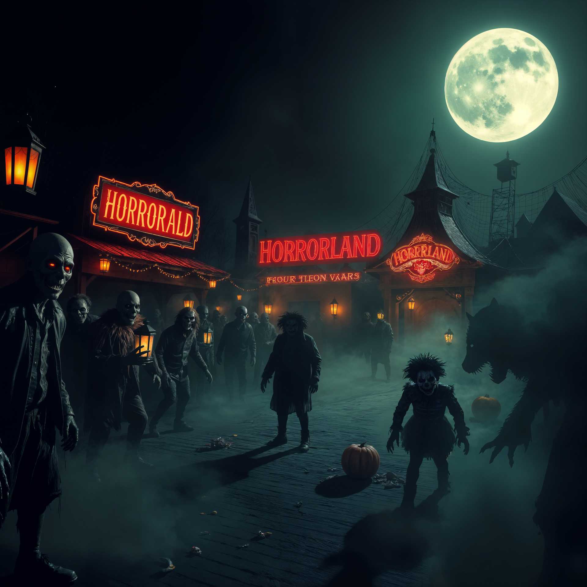 masterpiece, best quality, highres, sharp image, more detail, masterpiece, best quality, highres, sharp image, more detail, Create an image of a **Horrorland Theme Park** at night, under a **foreboding full moon** that casts long shadows across the park. The scene is bustling with:

- **Monsters and Horrors**: Zombies with tattered clothing, ghosts shimmering with an eerie glow, werewolves with fur standing on end, and menacing clowns with exaggerated, sinister makeup. 

- **Visual Details**: The park is adorned with **cobwebs**, **flickering lanterns**, and **blood-red neon signs** that flicker erratically. The ground is littered with **candy wrappers** and **spilled popcorn**, with a **fog machine** adding a haze that blends with the mist rising from the ground.

- **Style**: Capture this in the **hyper-realistic** style reminiscent of **Tim Burton's** gothic aesthetic, with an emphasis on **high contrast lighting** to enhance the shadows and highlight the eerie elements.

- **Composition**: Center the frame on a **giant Ferris wheel** with cabins shaped like skulls, with the park's main attractions like **"The Haunted Maze"** and **"Scream Street"** in the background. The camera angle should be **slightly low** to make the attractions tower ominously.

- **Mood and Atmosphere**: The air is thick with **anticipation and dread**, as if the next scream could come from any direction. The **dark, stormy clouds** above hint at an approaching storm, contributing to the oppressive atmosphere.

- **Technical Aspects**: Utilize **long exposure** photography to blur the movement of the Ferris wheel, creating a sense of eerie motion. Use **selective focus** to keep the foreground sharp, while allowing the background to blur, emphasizing the depth of the scene.

- **Cohesion**: Every element, from the **haunted rides** to the **monstrous characters**, works together to create a **unified, immersive** experience of a theme park where every attraction promises a fright.