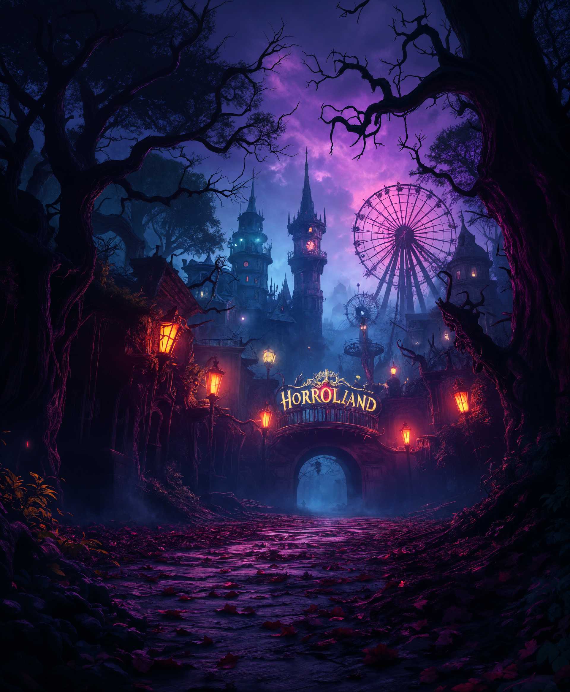 masterpiece, best quality, highres, sharp image, more detail, masterpiece, best quality, highres, sharp image, more detail, **Prompt:**

Visualize a nightmarish theme park called "Horrorland" where monstrous creatures roam freely among eerie attractions. 

- **Visual Details:** The park is shrouded in a perpetual twilight, with dark, moody colors dominating the scene; think of deep purples, sinister greens, and blood-red accents. The ground is littered with leaves and debris, with twisted trees and overgrown foliage creating a claustrophobic environment. Lighting is dramatic, with harsh spotlights casting long shadows and strobing effects from various rides. Textures are rough and organic, with wood, stone, and metal surfaces appearing weathered and decayed. 

- **Style:** Capture the essence of a horror film set, reminiscent of 1980s horror aesthetics with a modern twist. The style should evoke a blend of Tim Burton's gothic whimsy and the gritty realism of a John Carpenter movie, with elements of surrealism to heighten the eerie atmosphere.

- **Composition:** The camera should be positioned at a low angle, looking up at towering attractions like a haunted carousel, a Ferris wheel with skeletal arms for supports, and a roller coaster track that twists like a serpent. The monsters, varying from classic horror archetypes like werewolves, vampires, and mummies to more abstract, Lovecraftian creatures, are scattered throughout the scene, interacting with the park's elements or lurking in the shadows. Use a wide-angle lens effect to exaggerate the scale and distort the perspective, emphasizing the otherworldly nature of Horrorland.

- **Mood and Atmosphere:** The atmosphere is thick with suspense and dread, as if something terrible is about to happen. The air feels heavy, perhaps with a slight mist or fog rolling in, adding to the sense of isolation and fear. Sounds of distant screams, eerie laughter, and the mechanical groans of rides contribute to the unsettling ambiance. The time of day is an eternal dusk, with the sun just below the horizon, casting long, ominous shadows.

- **Technical Aspects:** Utilize techniques like motion blur for moving monsters, depth of field to focus on key elements while blurring others, and high contrast to separate light and dark areas sharply. Employ a grainy texture to mimic the look of old horror films, and use Dutch angles to convey unease.

- **Cohesion:** All elements should come together to create a coherent, immersive horror experience. The monsters are not just background elements; they are integral to the park's design, with rides and games tailored to their horrific nature. The overall scene should feel like an invitation to a nightmare,